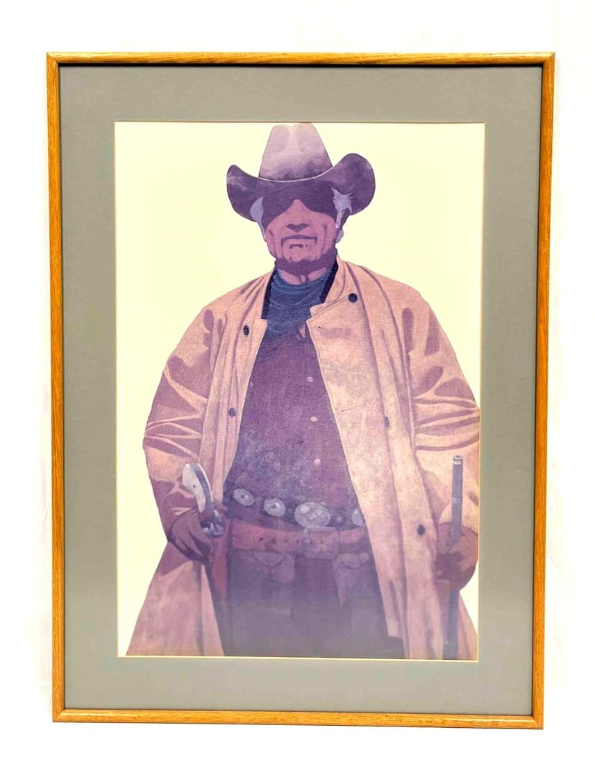 Large Framed Cowboy Print: This lot contains a Large Framed Cowboy Print. It is approx 36 1/2" x 26 3/4". Total weight is approx 9.5lbs. Overall the print is in good used condition as it is protected by glass. The fr