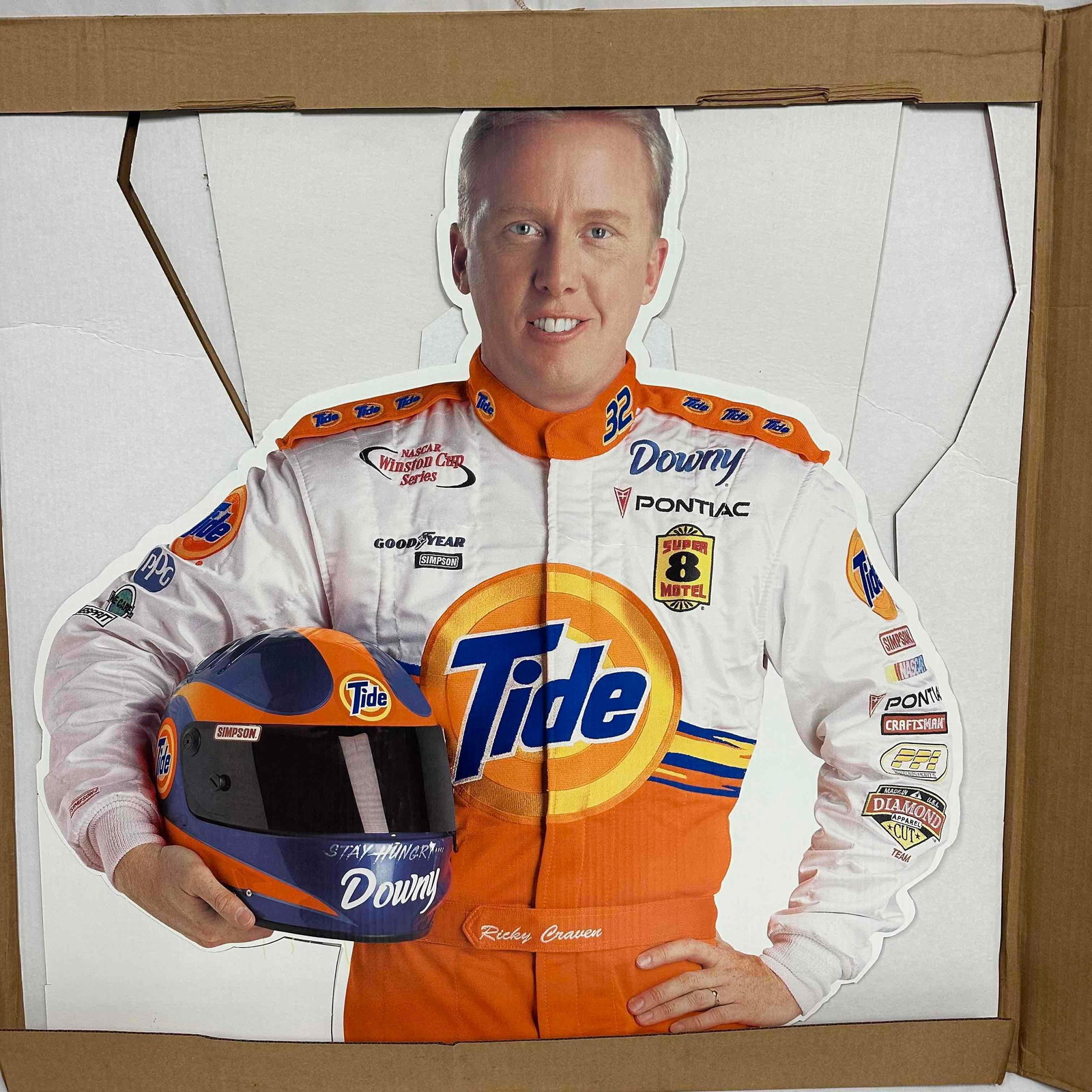 NASCAR Ricky Craven Tide Lifesize Cardboard Standup Cutout Standee : NASCAR Ricky Craven Tide Lifesize Cardboard Standup Cutout Standee. This item is in good like new, condition with light wear and staining on cardboard due to storage, and surface scratc
