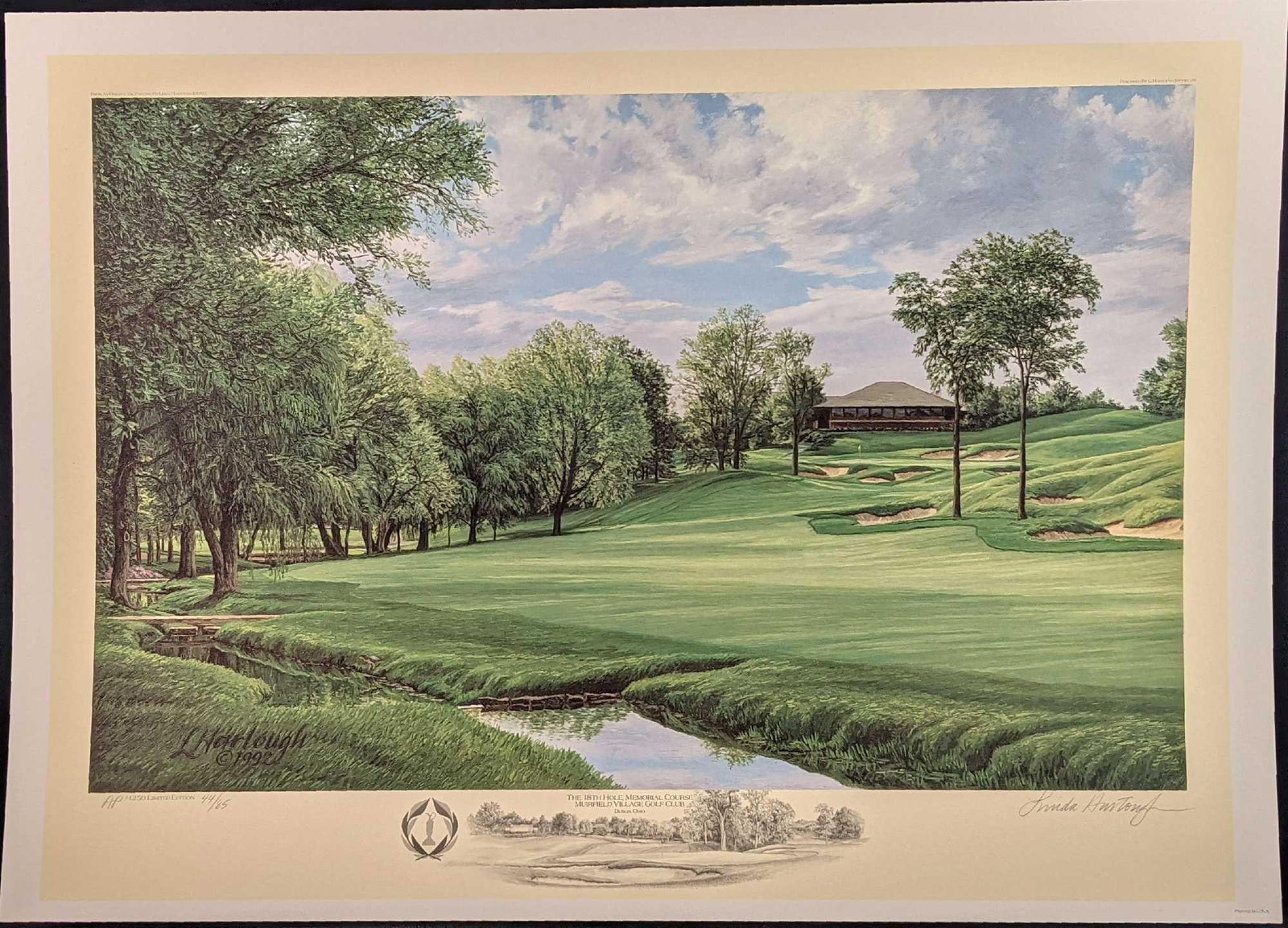 The 18th Hold Muirfield Village Golf Club Lithograph Artist Proof By Linda Hartough: "The 18th Hold Muirfield Village Golf Club" Lithograph Artist Proof By Linda Hartough. The print is Artist Proof #44 out of #85. The print is approx 31" x 20 1/2". The print is signed 