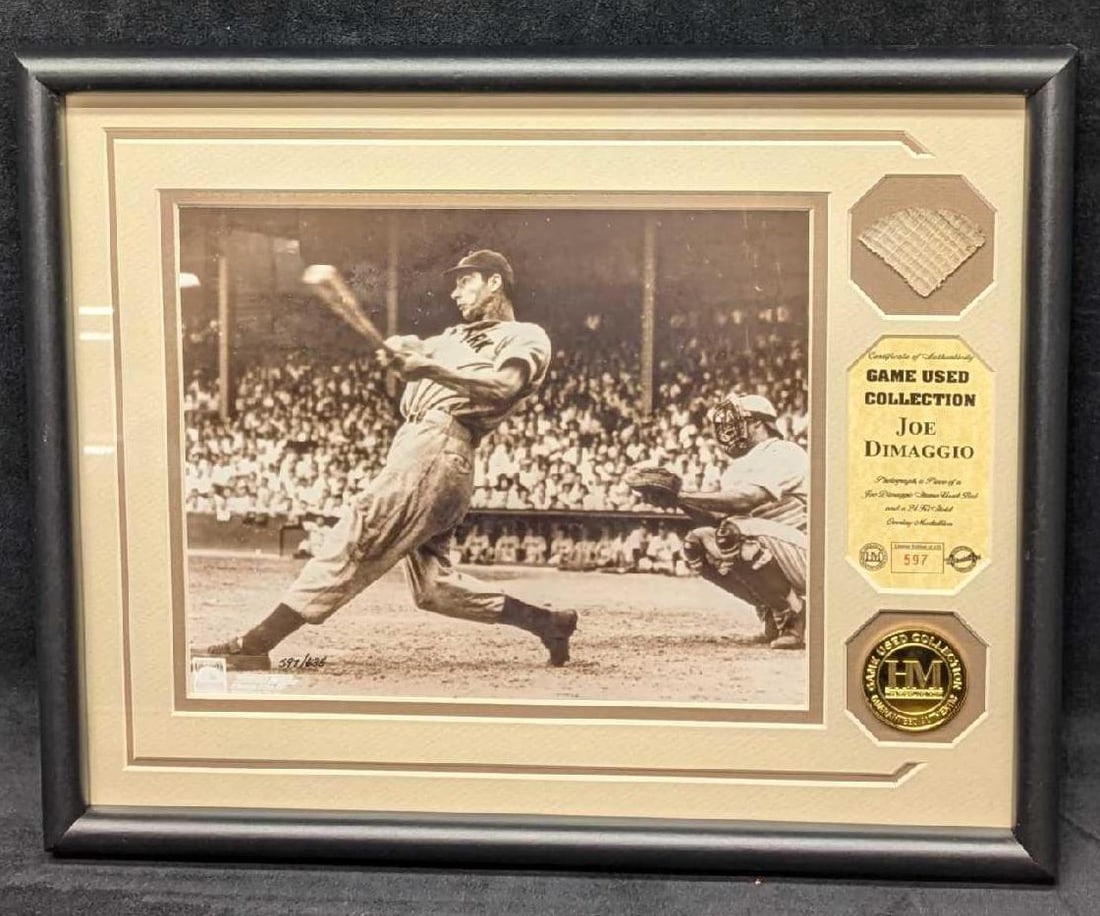 LE Joe Dimaggio Game Used Bat In Highland Photo Frame: LE Joe Dimaggio Game Used Bat In Highland Photo Frame . The framed photo has a piece of a game used baseball bat that Joe Dimaggio had used. The back shows the bat before it was cut up. This one is #5
