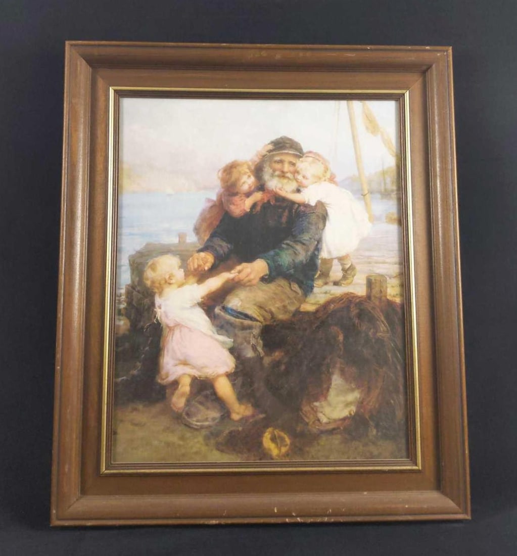 Frederick Morgan Print Which Do You Love Best: Framed print of Frederick Morgan's popular, "Which Do You Love Best". Old sea captain is visited by his three granddaughters. Frame is in fair condition with wearing and chips/scratches on
