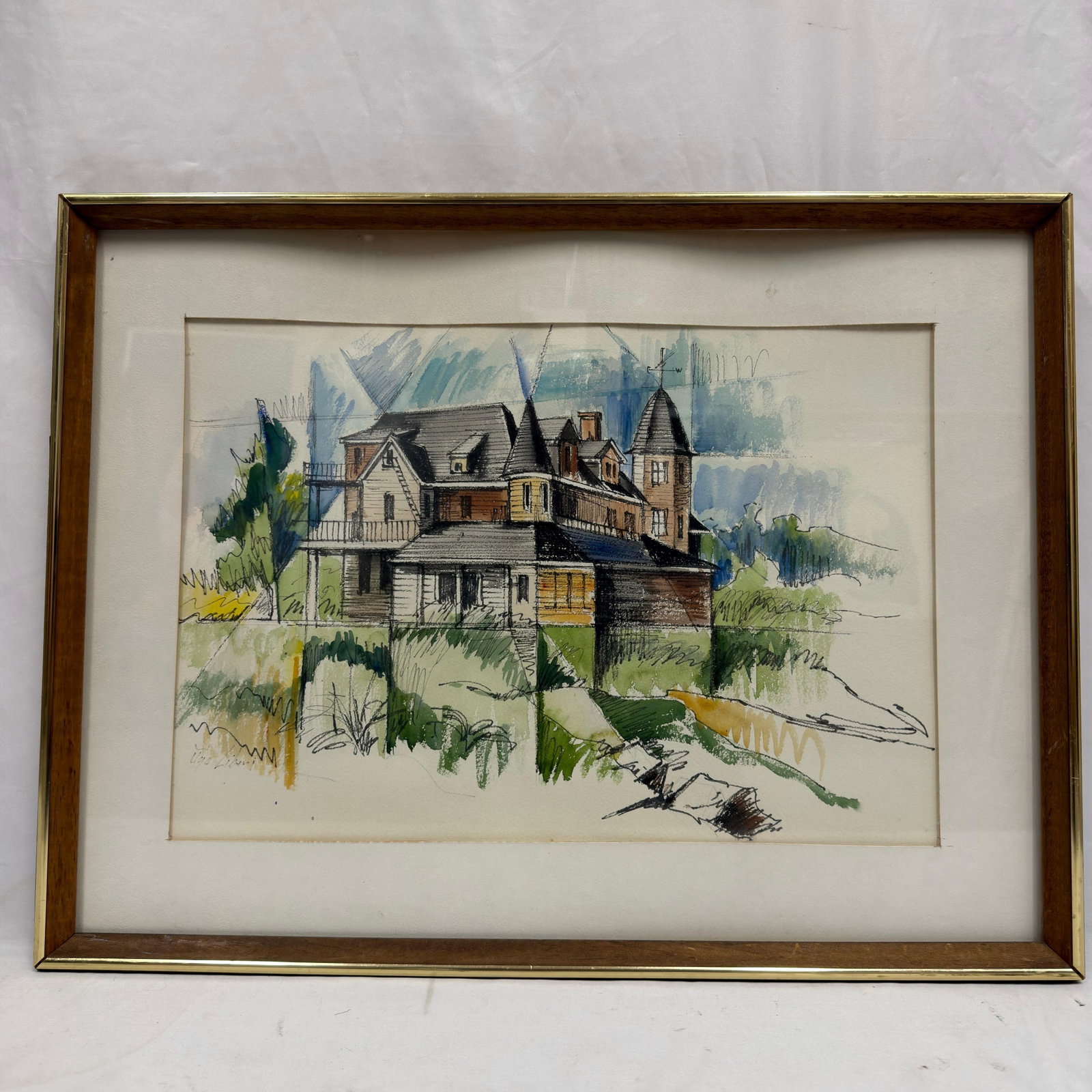 Ugo Liberi Signed Watercolor and Ink Architectural Study of Victorian Style House: Original watercolor and ink on paper depicting an ornate Victorian-style residence with multiple turrets and architectural details. Signed Ugo Liberi lower left. The frame exhibits heavy cosmetic