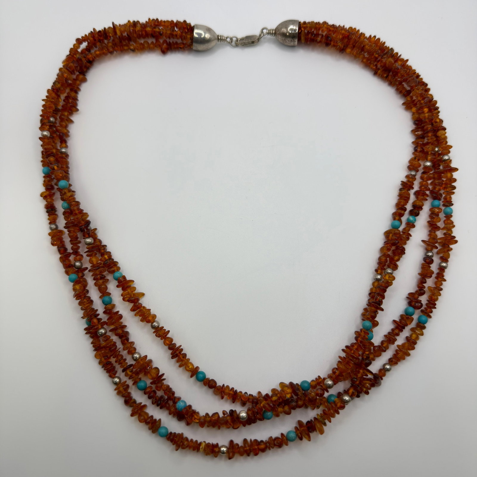 Triple Strand Amber and Turquoise Chip Bead Sterling Silver Necklace DTR 925: This item is in pre-owned, previously used/displayed condition with noticeable light wear and surface scratches. Please reference all photos for full details. This piece of jewelry has been tested and