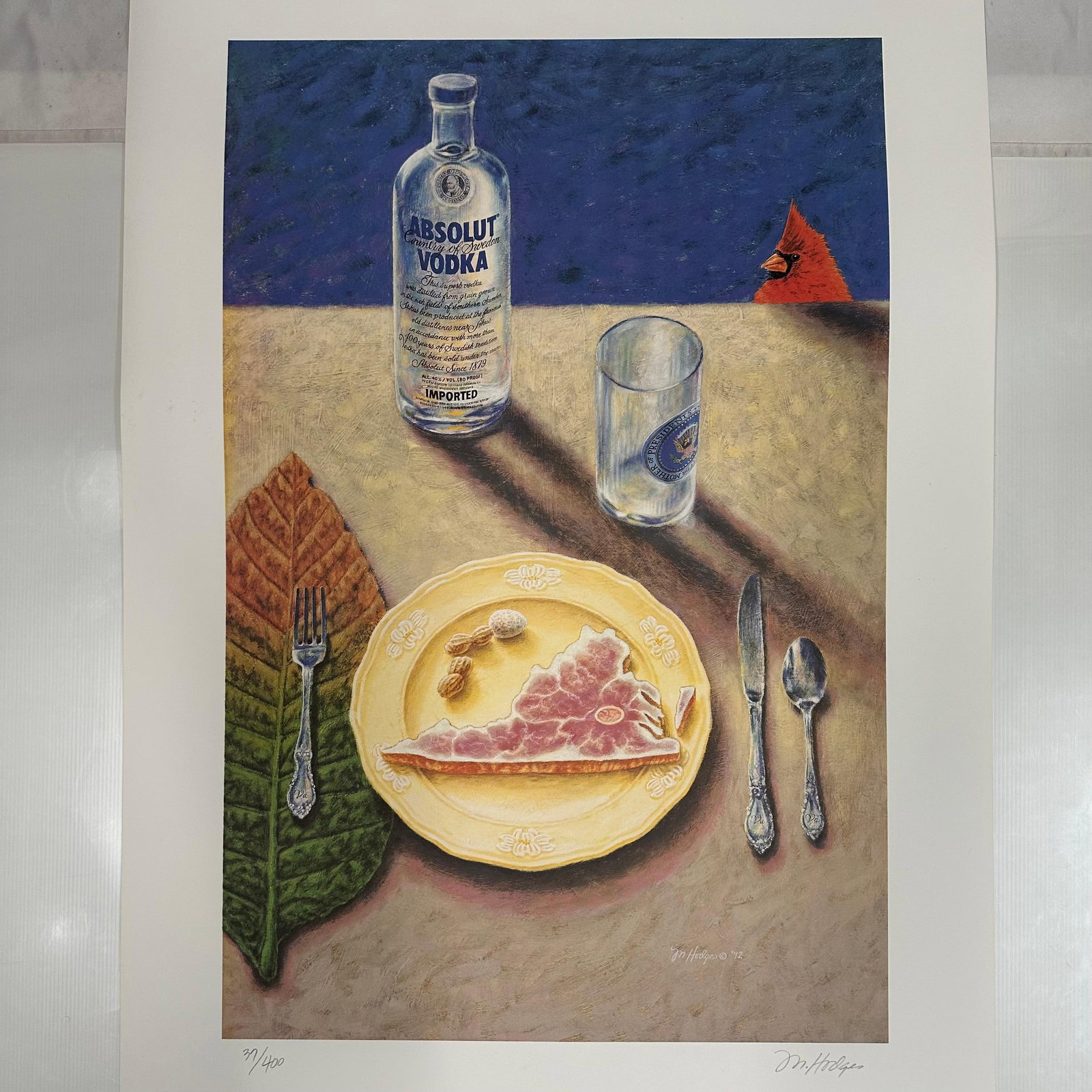 Signed and Numbered Absolut Vodka Statehood Virginia Mike Hodges Print 37/400: Limited edition Absolut Vodka “Statehood” lithograph print on paper. Features the iconic Absolut bottle incorporated into a stylized Virginia-themed landscape composition. Hand-signed by t