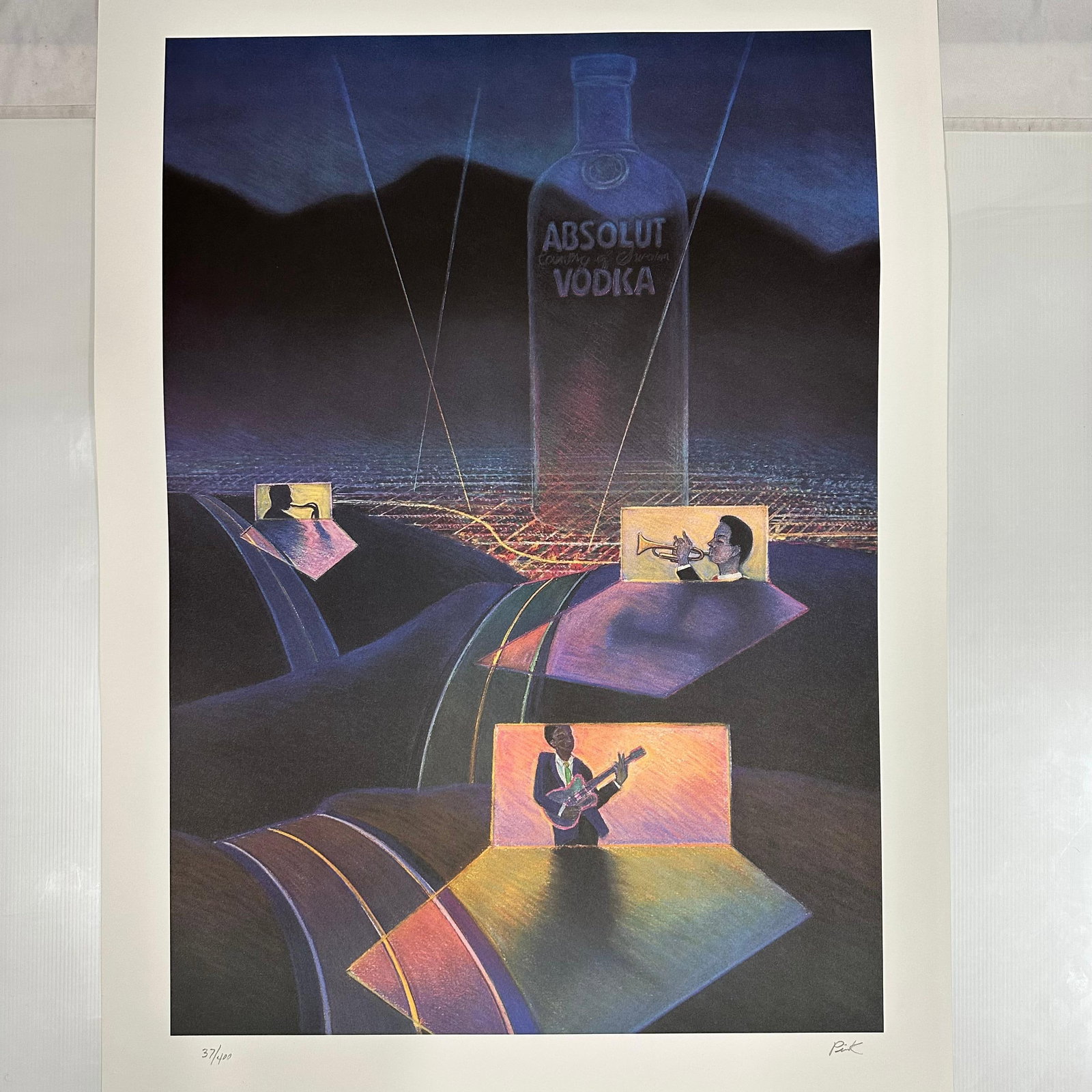 Absolut Vodka Statehood Nevada James Pink Print 37/400 Signed and Numbered: Limited edition Absolut Vodka “Statehood” lithograph print on paper. Features the iconic Absolut bottle incorporated into a stylized Nevada-themed landscape composition. Hand-signed by the