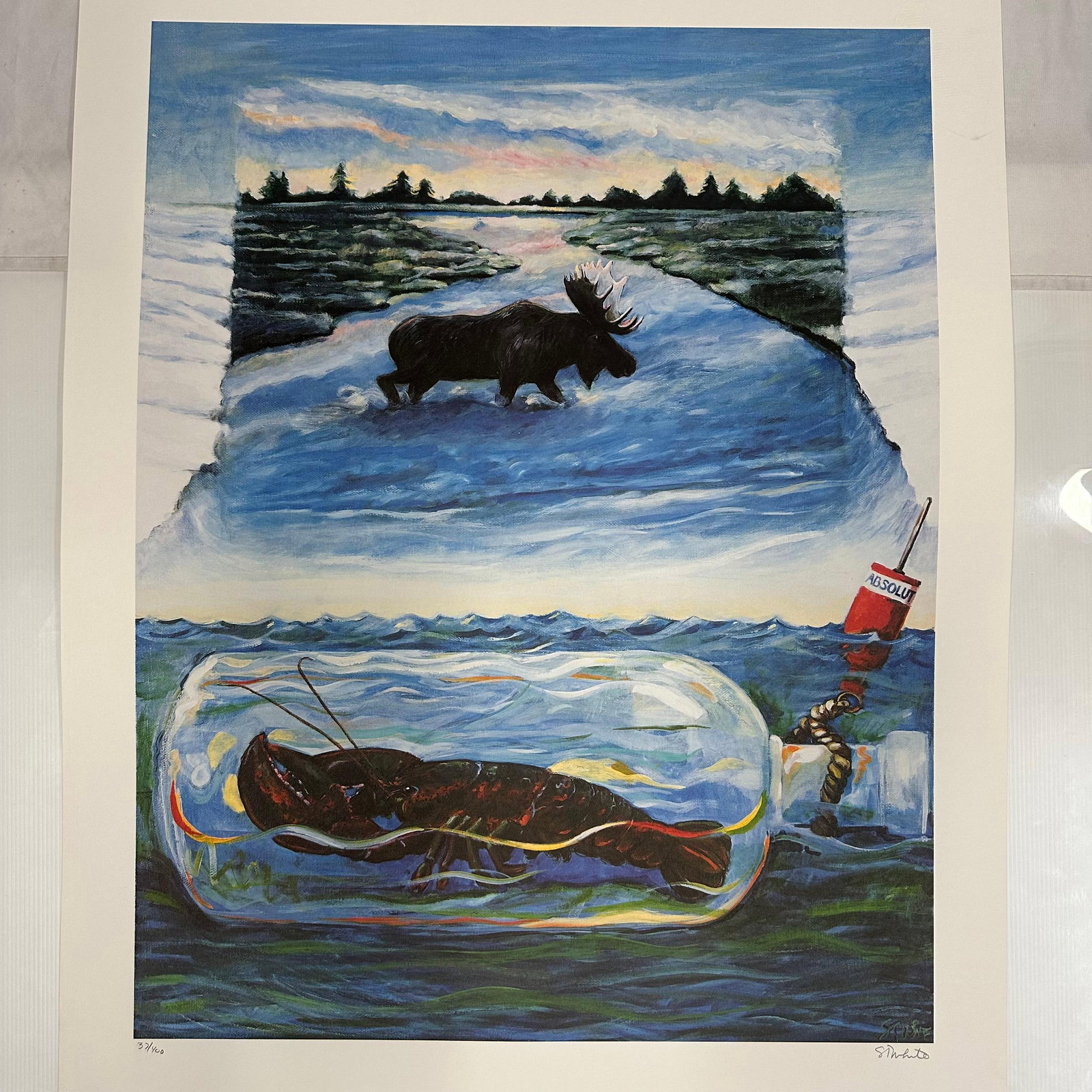 Signed and Numbered Absolut Statehood Maine Suzanna White Print Lithograph: Limited edition Absolut Vodka “Statehood” lithograph print on paper. Features the iconic Absolut bottle incorporated into a stylized Maine-themed landscape composition. Hand-signed by the 