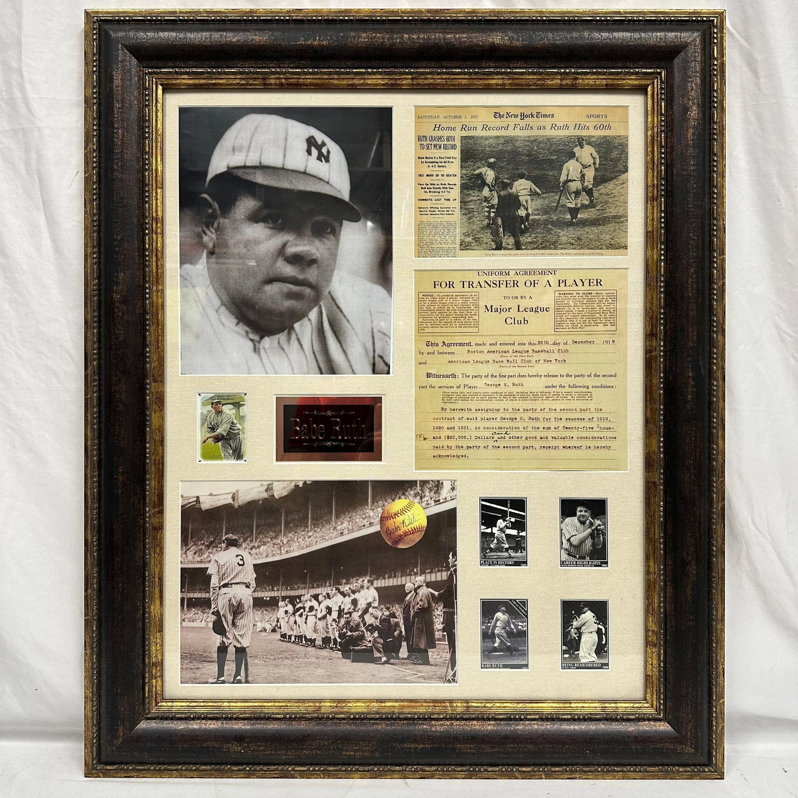 Framed Babe Ruth Memorabilia Collage with Replica Photos Documents Cards R118: Large framed Babe Ruth-themed display featuring multiple printed replica images and memorabilia pieces. Display includes: Large black and white portrait of Babe Ruth in New York Yankees uniform, Repro