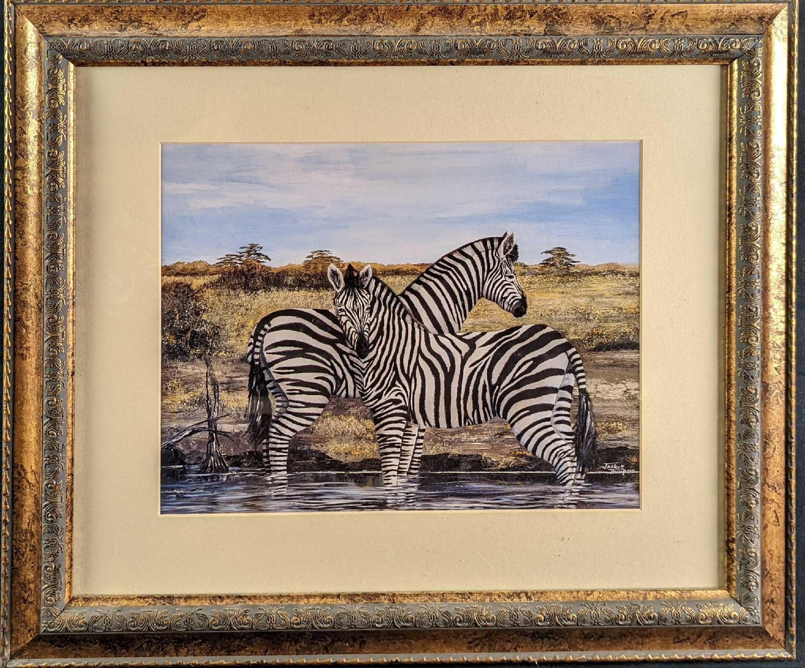 Framed Zebras By Jackie Thompson: Framed Zebras By Jackie Thompson. Please note, the artist's signature is part of the print and not an original. The framed print is approx 23 1/2" x 2' x 19 5/8" and it weighs 5lbs. The print/image is