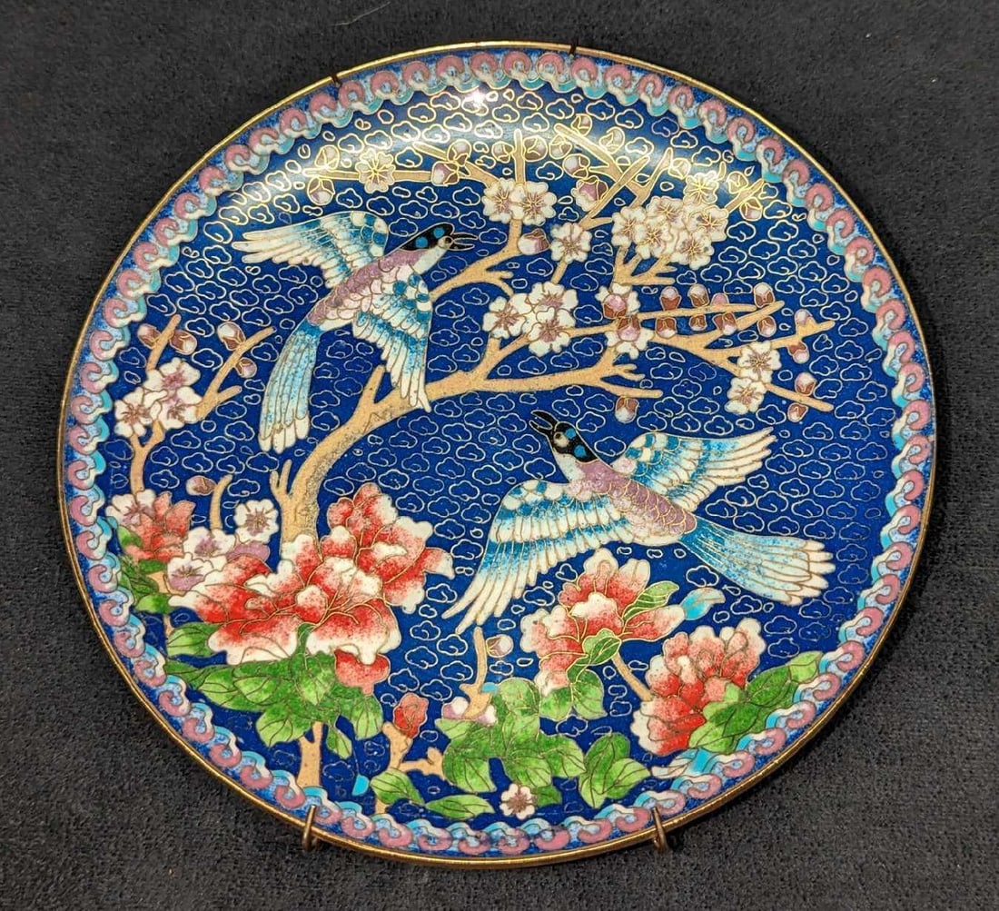 Vintage Cloisonne Azure Winged Magpie Floral Plate: Vintage Cloisonne Azure Winged Magpie Floral Plate. This is approx 7 1/4" x 7 1/4" x "1" and it weighs 0.80lb Has a hook on the back for hanging. The plate has some wear on it. Please see the images
