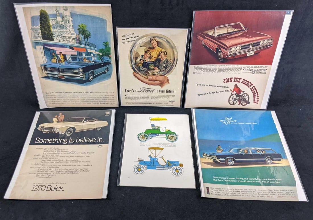 Six Vintage Color Car Advertisements: Six Vintage Color Car Advertisements This lot comes with six assorted car advertisements. These ads include cars such as Ford, Chevrolet, Buick, and a few more. These were taken out of