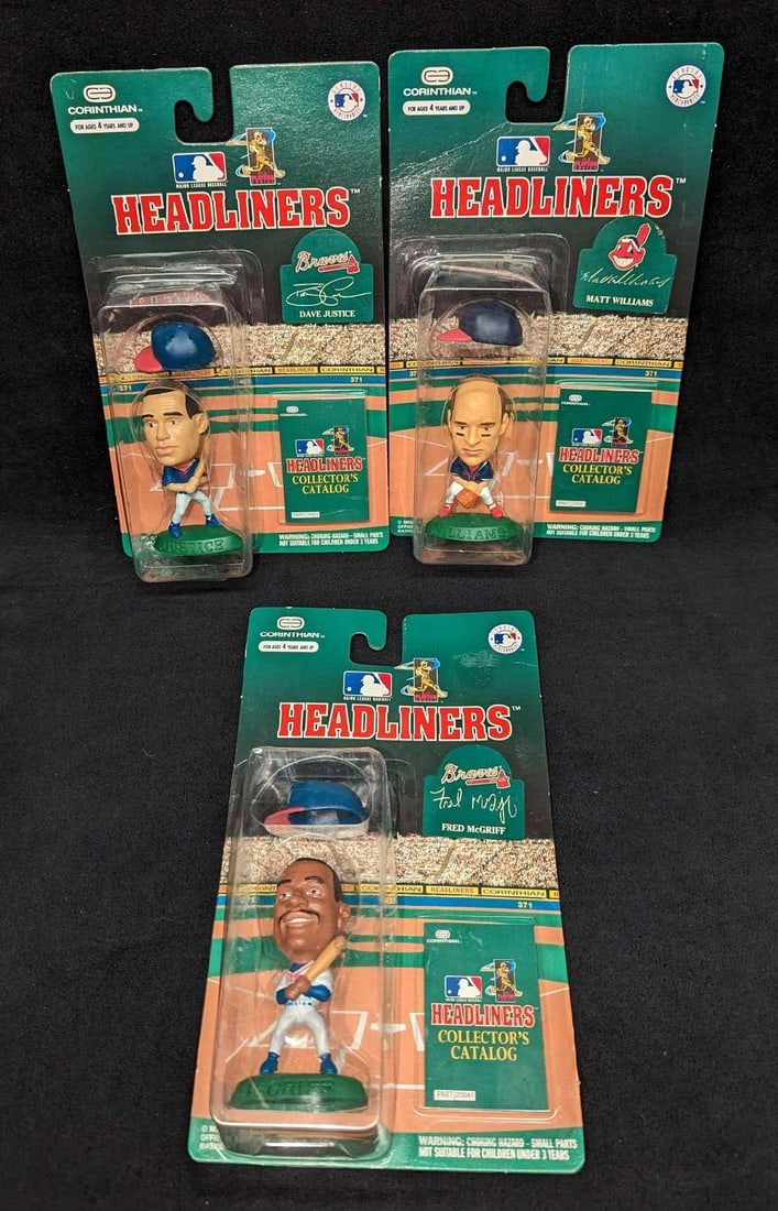 3 MLB Headliners Baseball Figures: 3 MLB Headliners Baseball Figures. This lot includes three "Headliners" Baseball Figures. The lot includes players: Fred McGriff, Matt Williams, and Dave Justice. Each figure is in its original box
