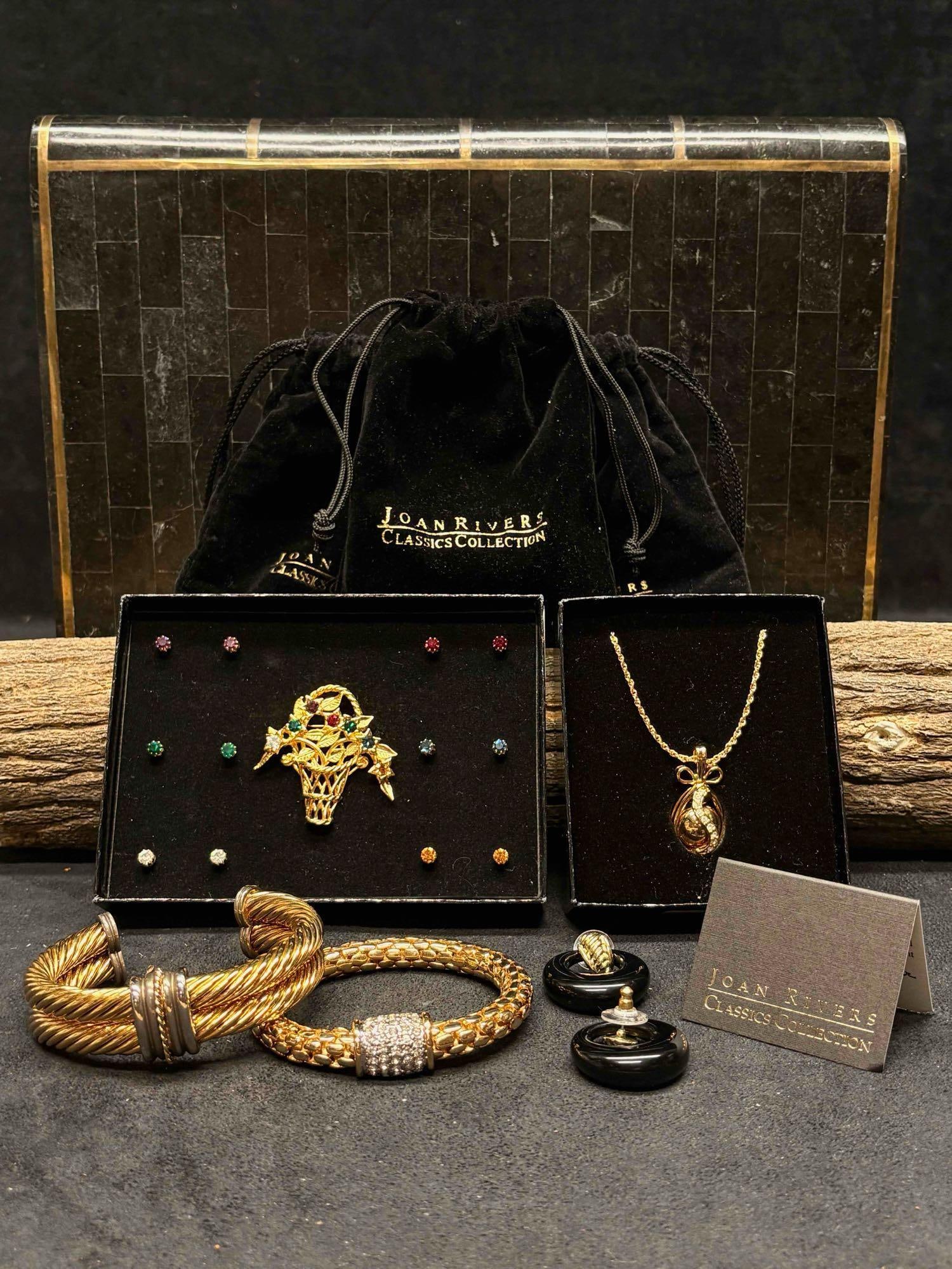 5pc Gold Tone Joan Rivers Classic Collections Set: This lot contains 5 pieces from the Joan Rivers Classics Collection. Each come in their original packaging, with little to no visible/noticeable flaws despite their pre-owned conditions. Please refer 