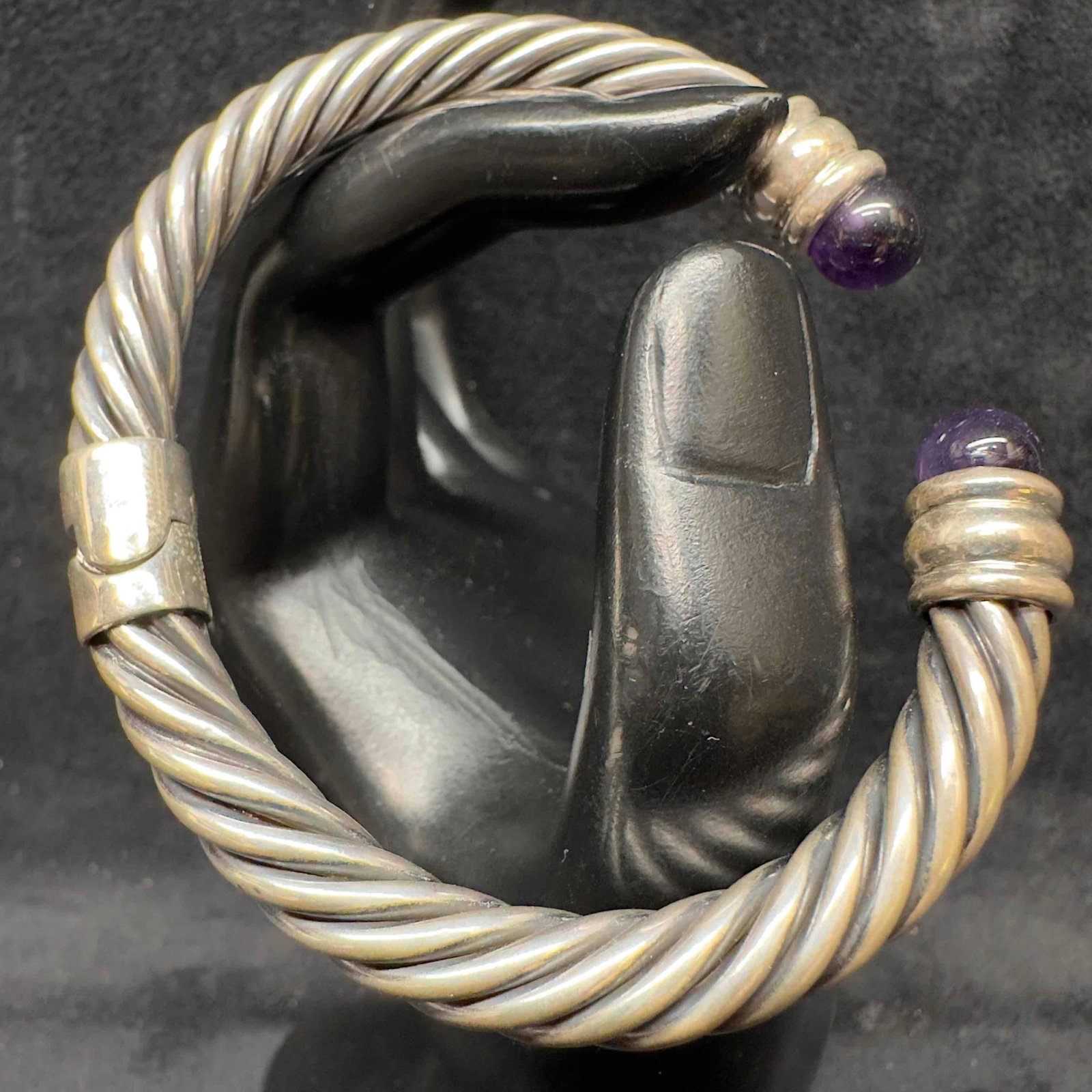 Sterling Silver Amethyst Cable Hinged Cuff Bangle Bracelet - 2