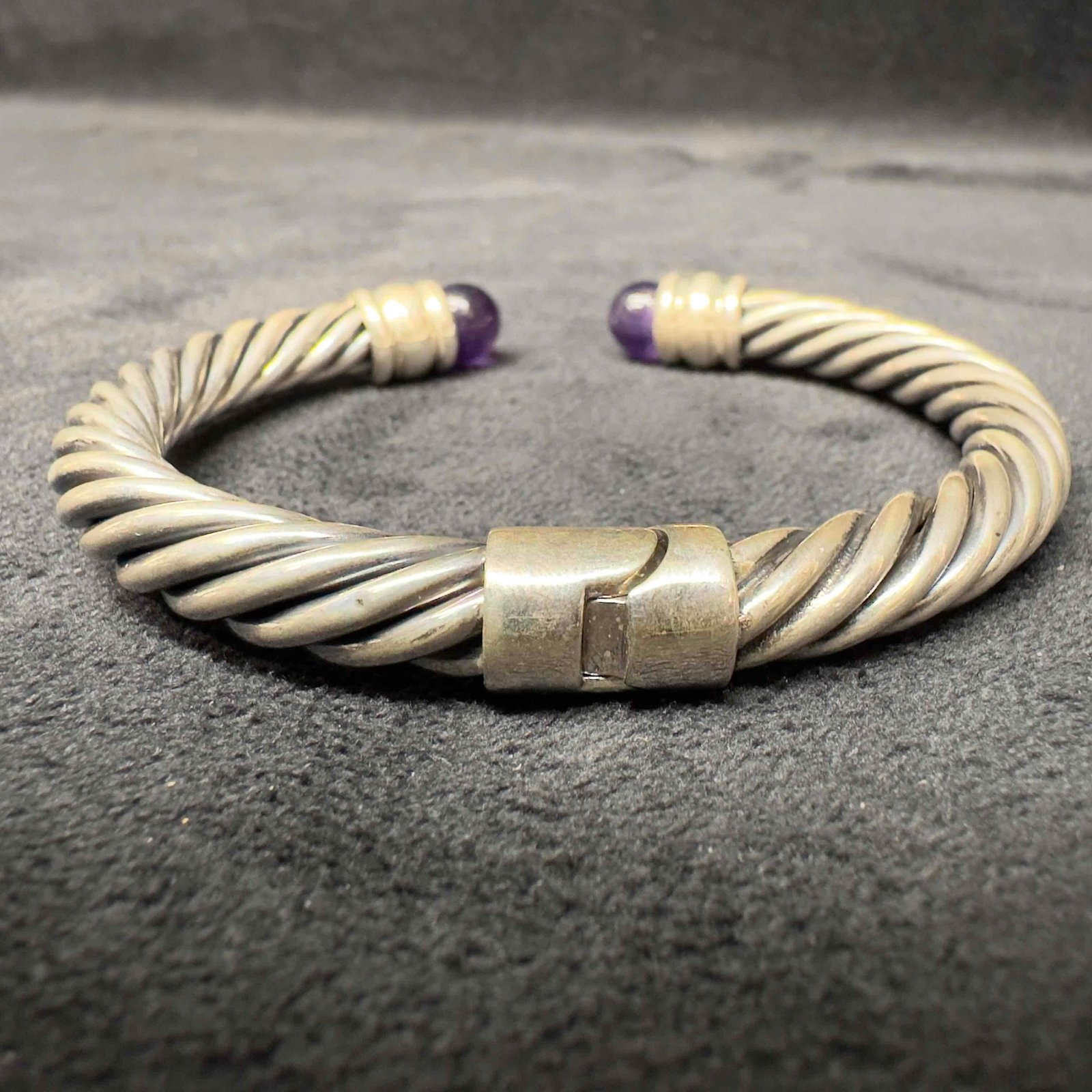 Sterling Silver Amethyst Cable Hinged Cuff Bangle Bracelet - 5
