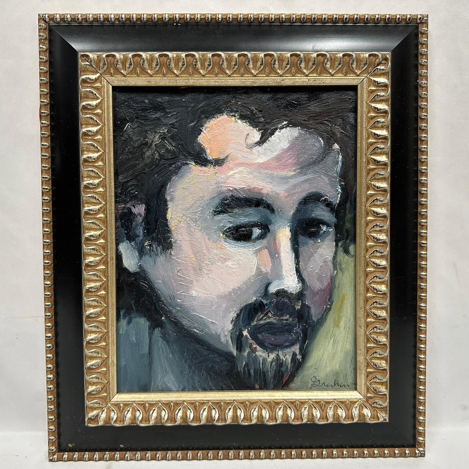 Original Oil on Canvas Portrait of a Bearded Man Signed and Framed: Original oil painting on canvas depicting a close-up portrait of a bearded man, rendered in expressive, textured brushwork. The artist’s signature (hard to read) appears in the lower right 