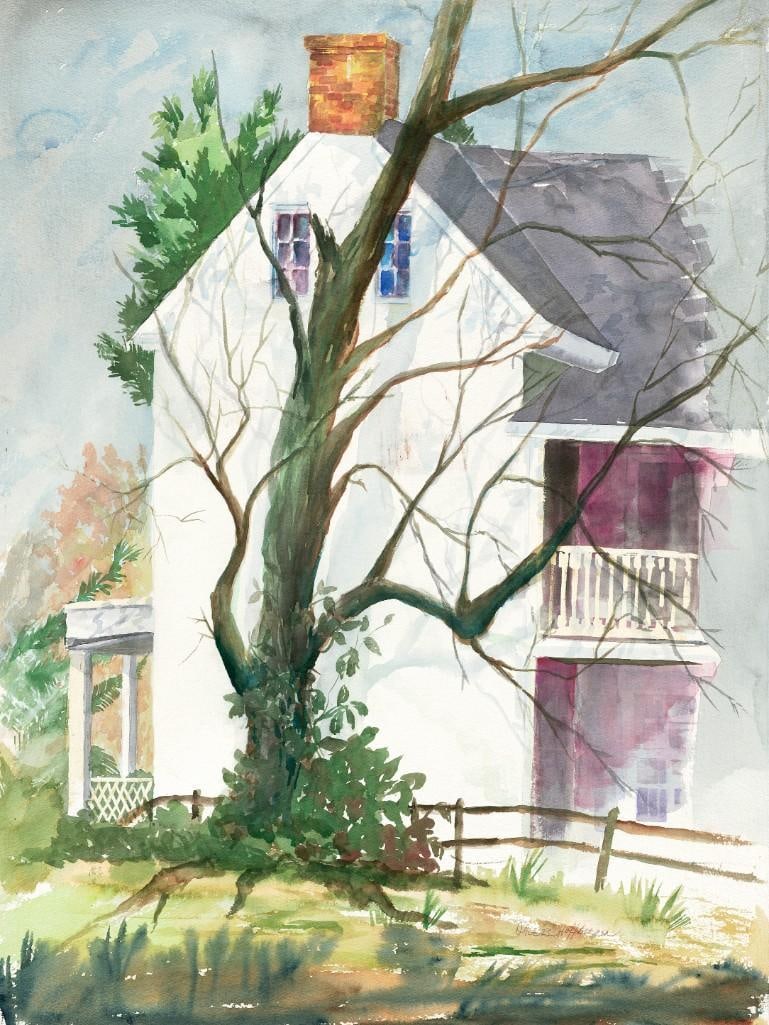 Alice B. Hoffberger Watercolor Art Print White House with Tree and Fence Giclee: Watercolor giclee art print by listed artist Alice B. Hoffberger, depicting a white house partially hidden by a tall tree with bare branches and a simple wooden fence in the foreground. The work captu