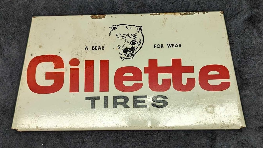 Vintage Gillette Tires Rack Display Stand Sign: Vintage Gillette Tires Rack Display Stand Sign. Is approx 13 1/2" x 1/8" x 7" and it weighs 0.56lb. Is in a good, vintage condition with some surface rust. It's also missing its 'legs'. Please see the