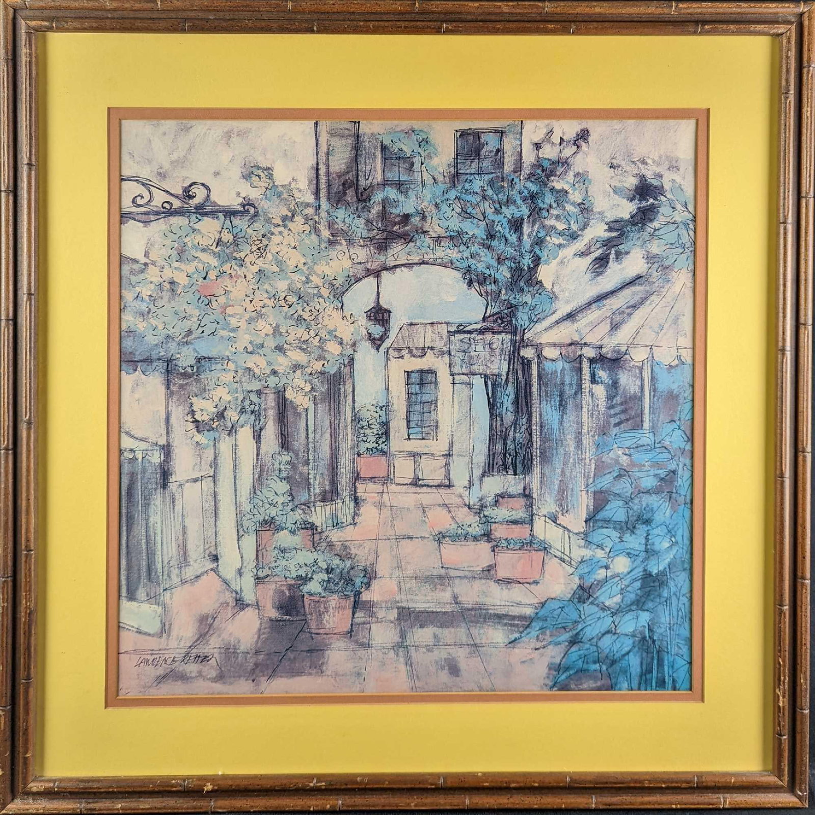 Lawrence Reiter Garden Potted Plants & House Print: Here is a framed lithograph print of a series of potted plants near the entrance of a house. The framed print is approx 30" x 1" x 30" and it weighs 10.5lbs. The print/image is approx 21" x 21 1/2". T