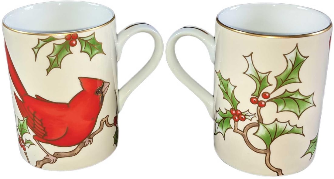 2 Fitz & Floyd Christmas Holly Cardinal Mugs Retired: This series was released from 1983 - 1993. Each mug is approx 4 1/4" x 2 3/4" x 3 3/4". Comes in its original box which is approx 3 3/4" x 3 1/2" x 4". And together both weigh 1.22lb. The mugs are in
