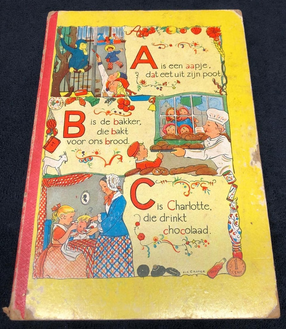 Untitled ABC Book - "A is een aapje, dat eet uit zijn poot" by Rie Cramer - Vintage Hardcover: Untitled ABC Book from The Netherlands "A is een aapje, dat eet uit zijn poot" by Rie Cramer. Vintage Hardcover. Mulder & Zoon, 1950? The item measures approximately 5-1/2" x 8-1/4" x 1/4" and weighs 