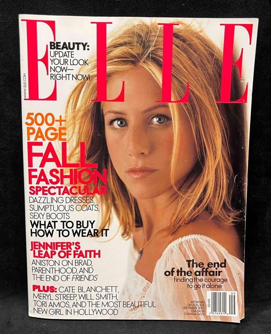 Elle September 2001 Jennifer Aniston: This lot contains a Elle Magazine September 2001 Jennifer Aniston. It is approx 11" x 8 1/4" and it weighs about 2.4lbs. Overall the vintage magazine is in good used condition with