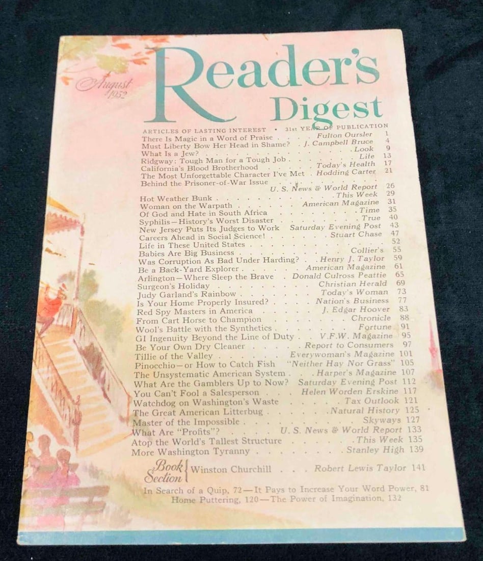 Vintage copy Of Readers Digest August 1952 Vol.61 No.364: This lot contains Vintage copy Of Readers Digest August 1952 Vol.61 No.364. It is approx 7 1/2" x 5 1/2" and it weighs about 0.3lbs. Overall the book is in good used condition with some wear from use