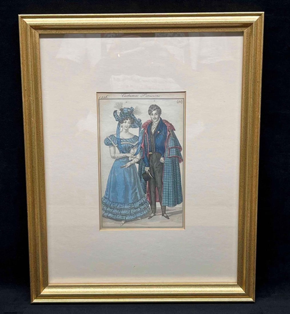 Framed Print Costumes Parisions 1826 (50): This lot contains a Framed Print Costumes Parisions 1826 (50). It is approx 14 1/4" x 11 /14". Total weight is approx 1.8lbs. Overall the print is in good used condition as it is protected by glass. T