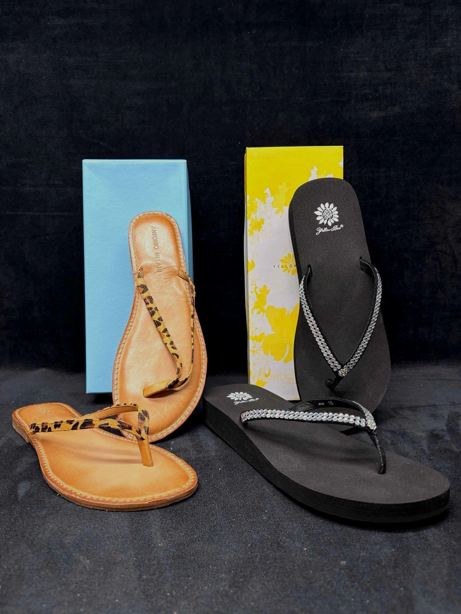 Antonio Melani Leopard Print Flip-Flop and Yellow Box Rhinestone Wedge Flip-Flop Bundle: Sitting in brand-new to like-new conditions, this bundle consists of orthopedic, comfort-focused Women's shoes. Still in their original boxes, both sandals are in good shape with no visible/notice