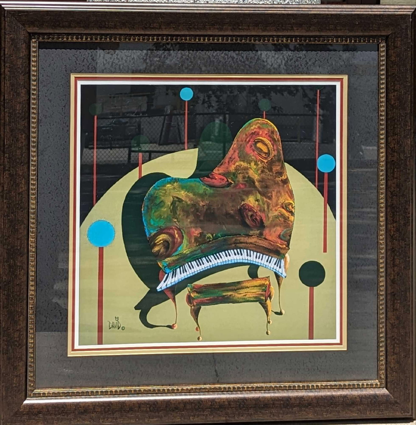 Framed David Marshall Palm Patio Print: Framed David Marshall Palm Patio Print. Please note, the signature on the print is part of the print and not an original. This framed print is approx 32 3/4" x 1 1/2" x 33" and it weighs 12.60 lbs. Th