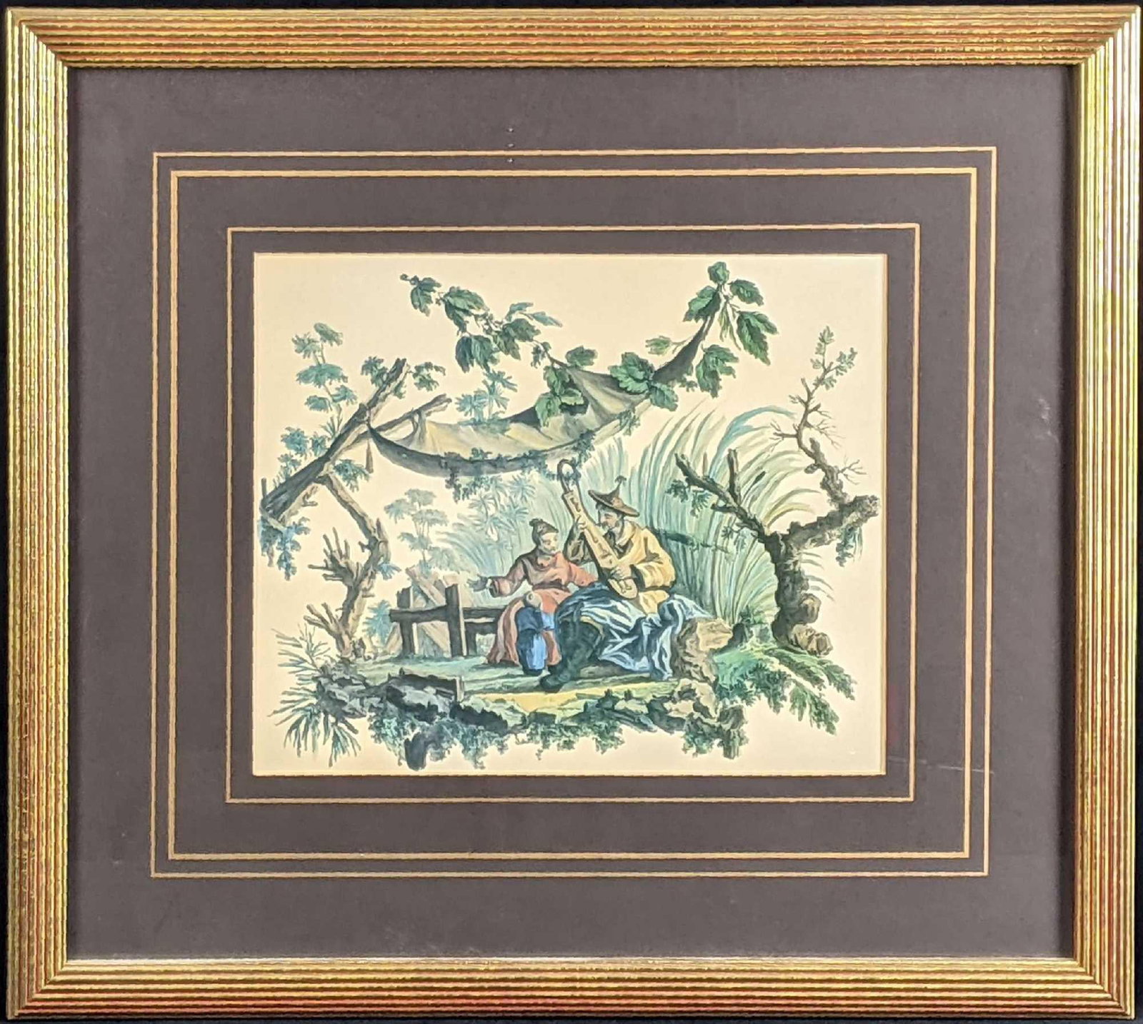 Color Chinese Style Print François Boucher: Color Chinese Style Print François Boucher This is a framed color print of an original painting by François Boucher. It depicts a man serenading a woman and child. This is