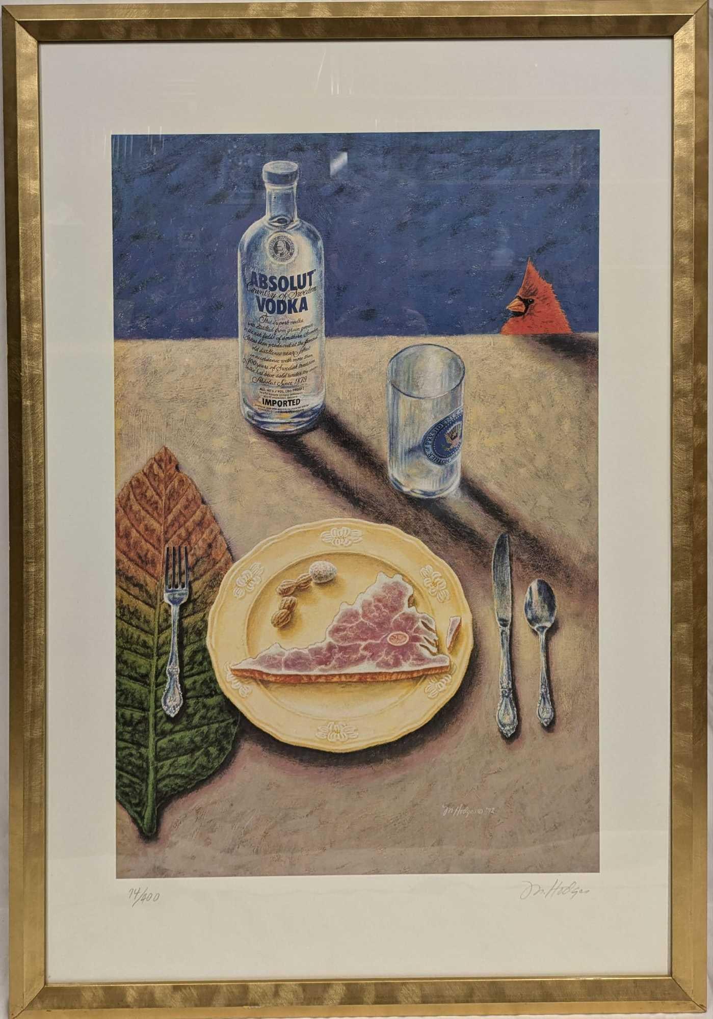 S&N Absolut Statehood: Virginia Mike Hodges Print: S&N Absolut Statehood: Virginia Mike Hodges Print. This lithograph is #74 out of #400. This framed print is approx 28 1/2" x 3/4" x 41" and it weighs 11.60lbs. The frame has small