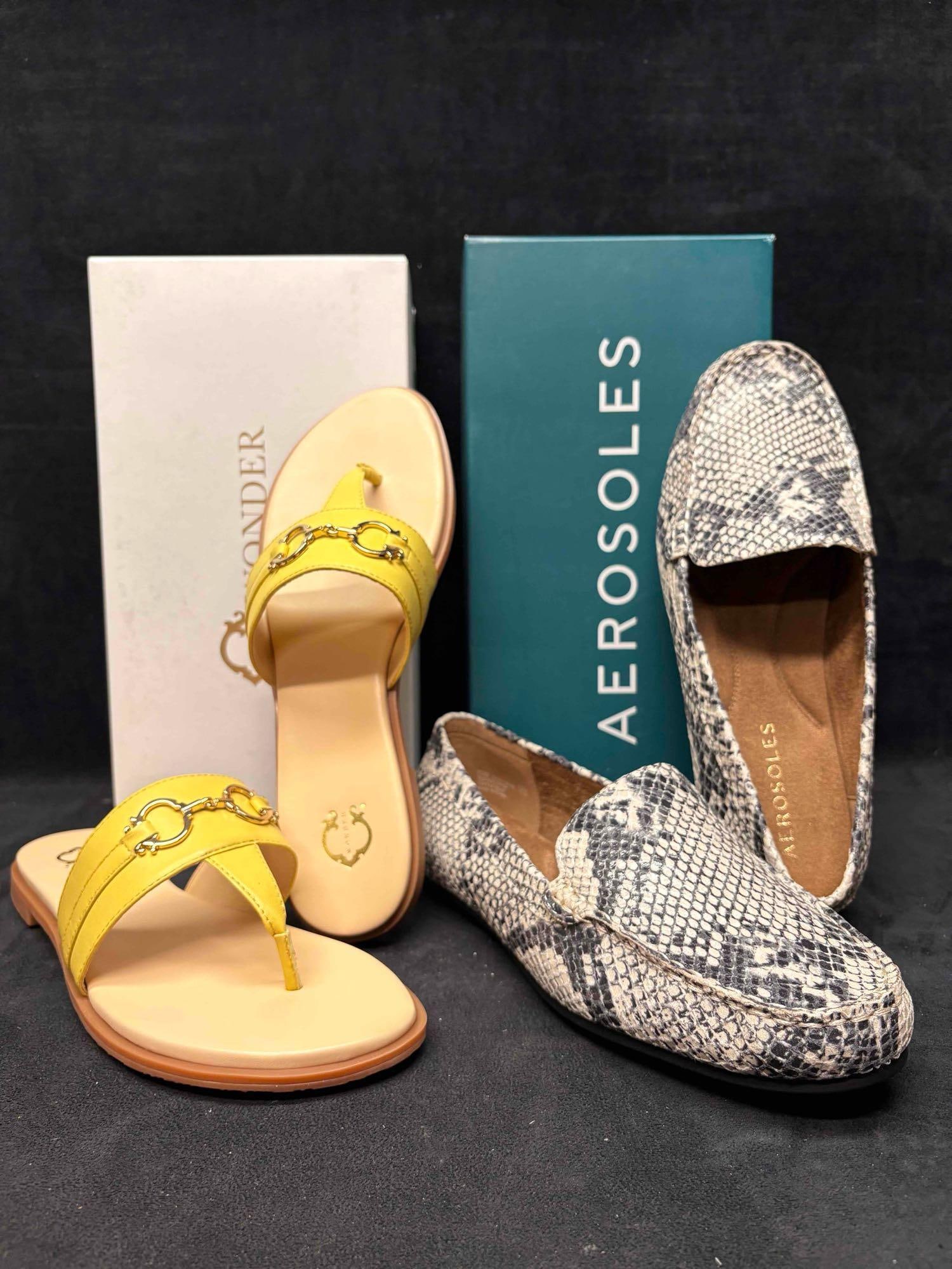 C. Wonder Leather Sandals and Aerosoles Snake Skin Loafers Bundle: Sitting in brand-new to like-new conditions, this bundle consists of orthopedic, comfort-focused Women's shoes. Still in their original boxes, both shoes are in good shape with no visible/noticeab