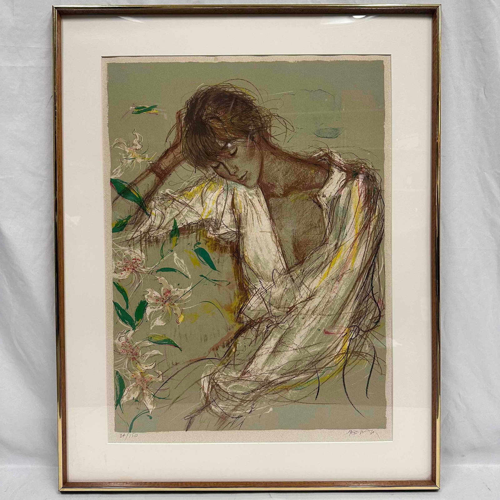 Jacques James Pecnard Claudine Framed Lithograph Signed and Numbered in Pencil: Framed limited edition lithograph titled Claudine by French artist Jacques "James" Pecnard (1922–1996). The work features a delicate portrait of a woman in a thoughtful pose, surrounded 