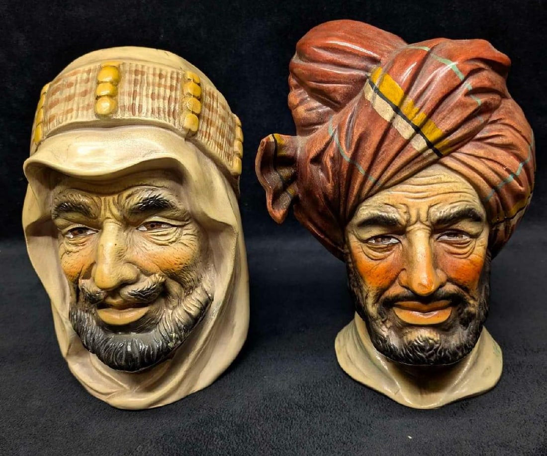 Rare Vintage Royal Crown Arnart Creation of Japan Ceramic Figurines, Signed: Rare Vintage Royal Crown Arnart China of Japan Ceramic Figurines, Signed; this lot consists of two ceramic glazed heads. One is reported to be King Faisal of Saudi Arabia (in cream and yellow) This is