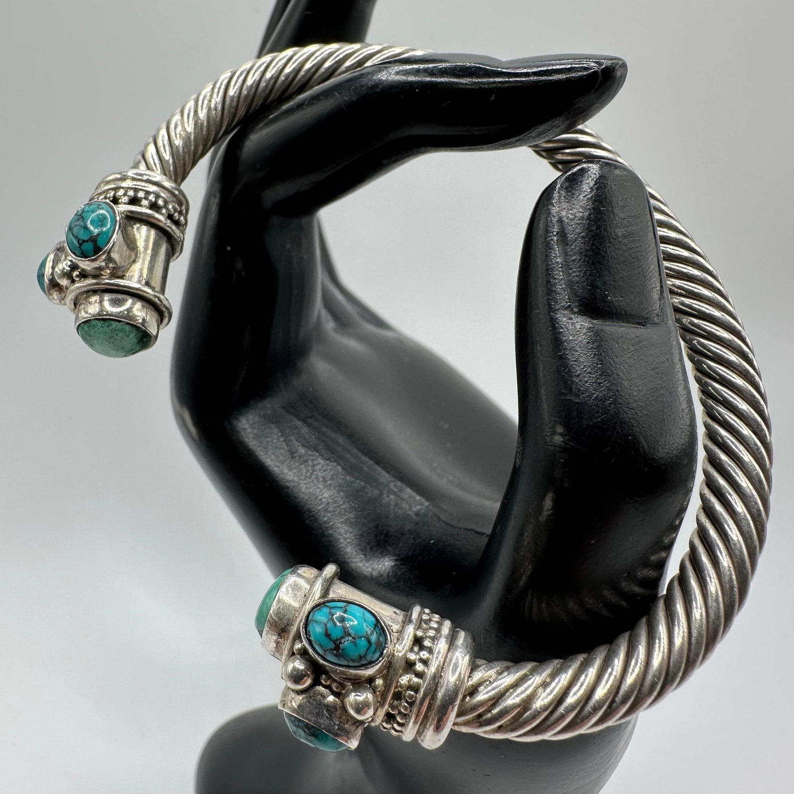 Green and Blue Turquoise Cuff Bangle Bracelet Silver Twist Cable Style: This item is in good pre-owned, previously used/displayed condition with noticeable light wear and surface scratches. Please reference all photos for full details. This piece of jewelry has been