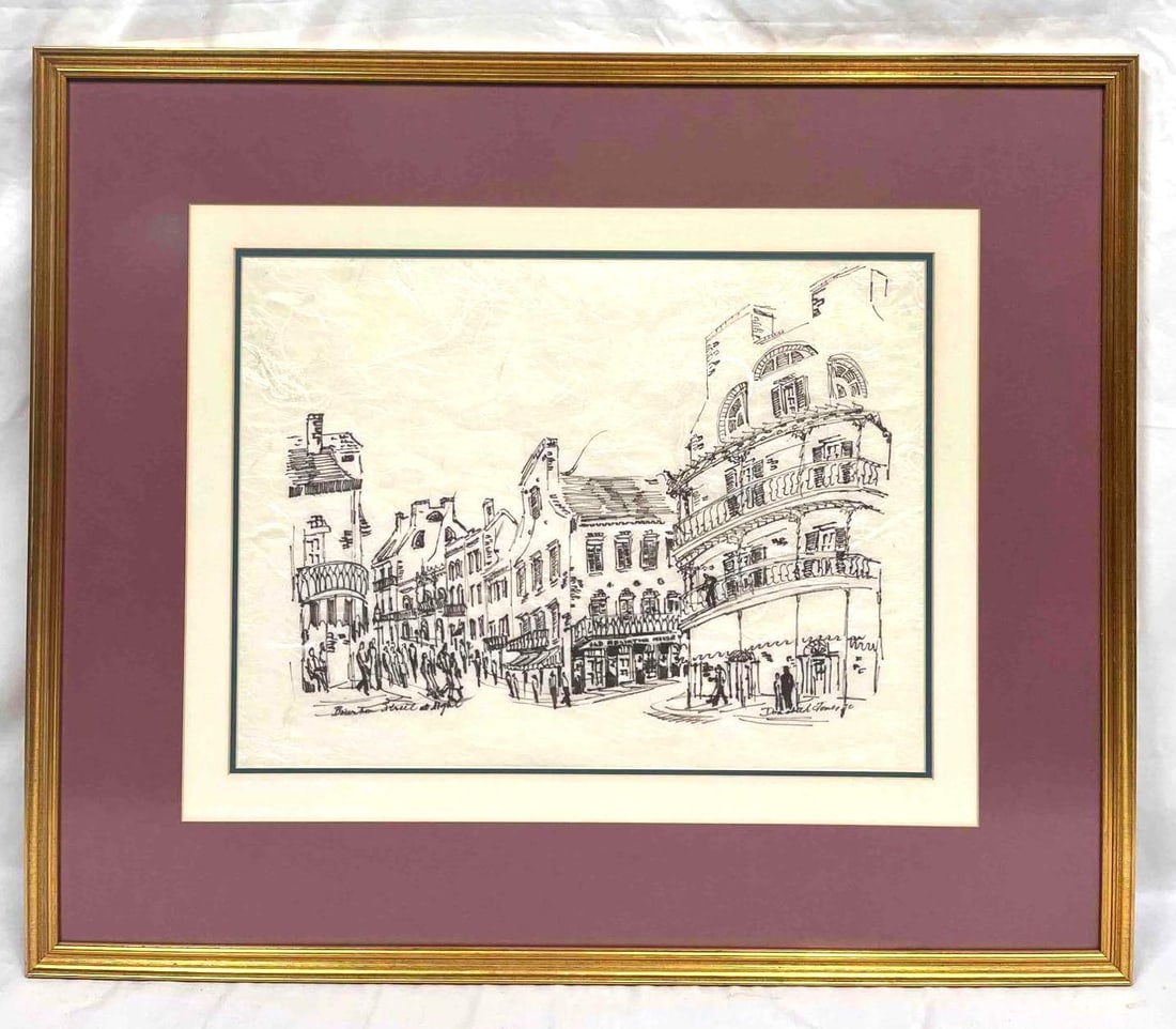 Large Donabeth Jones "Bourbon Street at Night" Framed Ink On Paper Painting: This lot contains a Large Donabeth Jones "Bourbon Street at Night" Framed Ink On Paper Painting. The frame is approx 31 3/4" x 37 1/2" while the artwork itself is approx 17 1/4" x 23 1/4". It weighs a