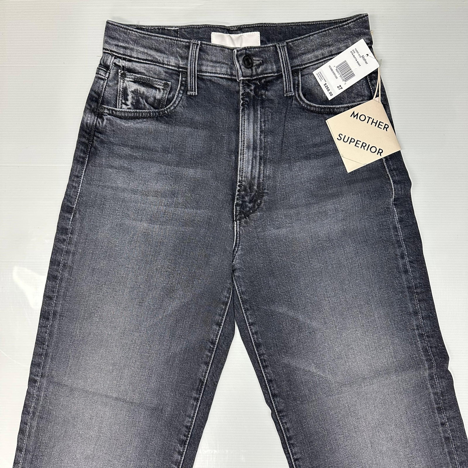 Mother Denim The Rambler Zip Flood Jeans Size 27 with Tags: Women’s Mother Superior denim jeans, The Rambler Zip Flood style. High-rise fit with straight leg and cropped length. Gray/black washed denim with subtle fading. Five-pocket construction with zi