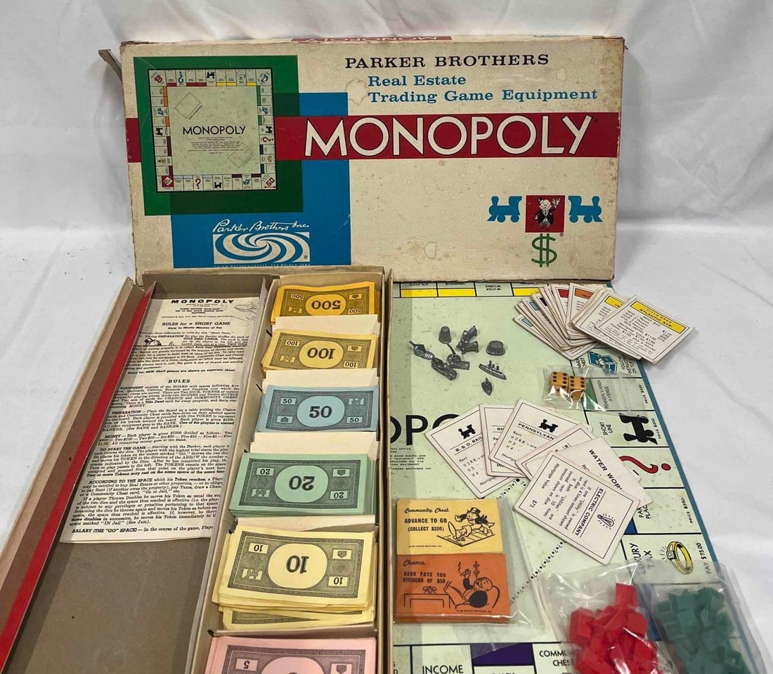 Vintage 1961 Monopoly Game: This lot contains a Vintage 1961 Monopoly Game. The box is approx 20" x 10" x 1 1/2" and together everything weighs about 2.5lbs. Overall the vintage Monopoly is in good used condition with some 