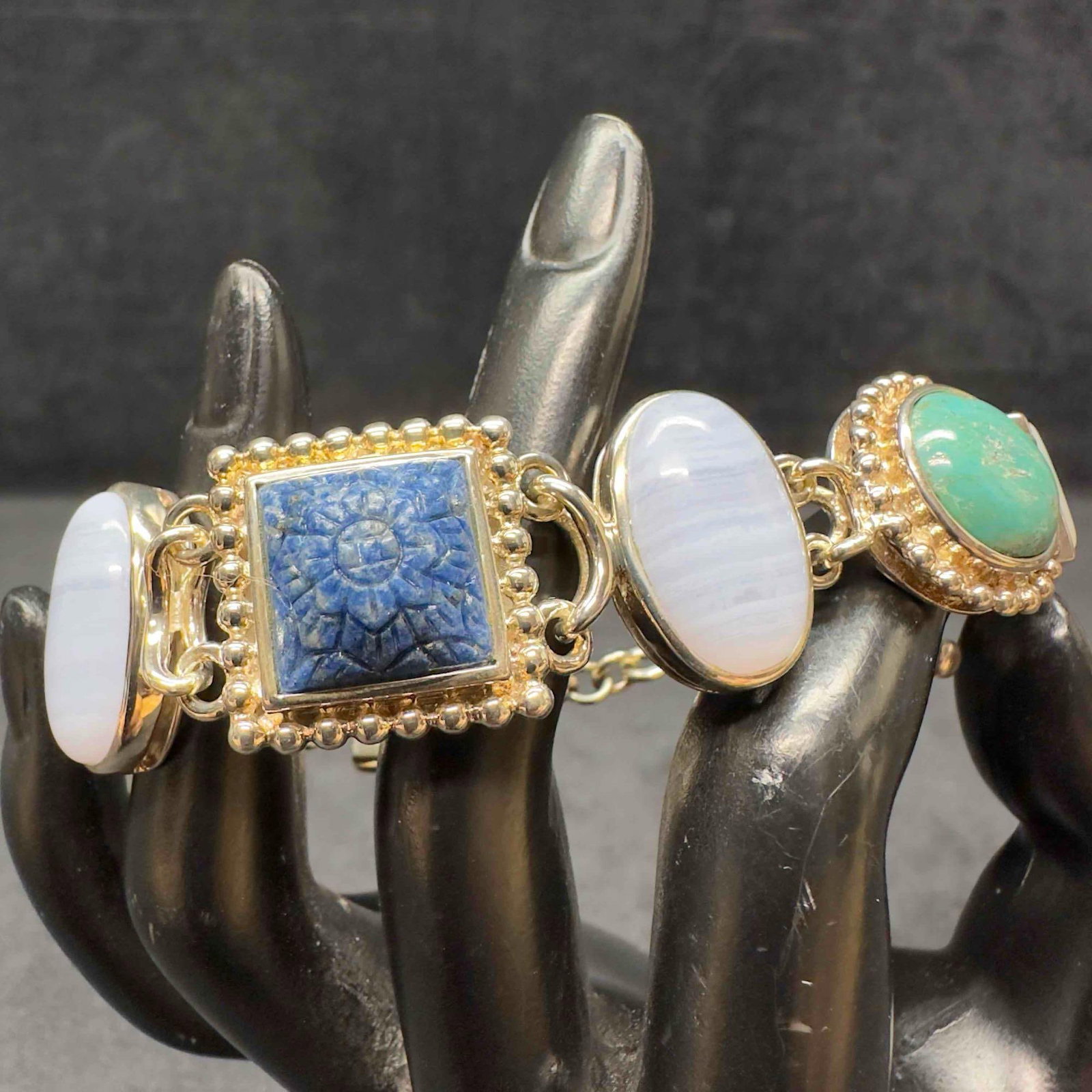 Whitney Kelly Sterling Silver Agate Turquoise Lapis Mother of Pearl Bracelet: This item is in good pre-owned, previously used/displayed condition with noticeable light wear, and surface scratches. Please reference all photos for full details. This piece of jewelry has been test