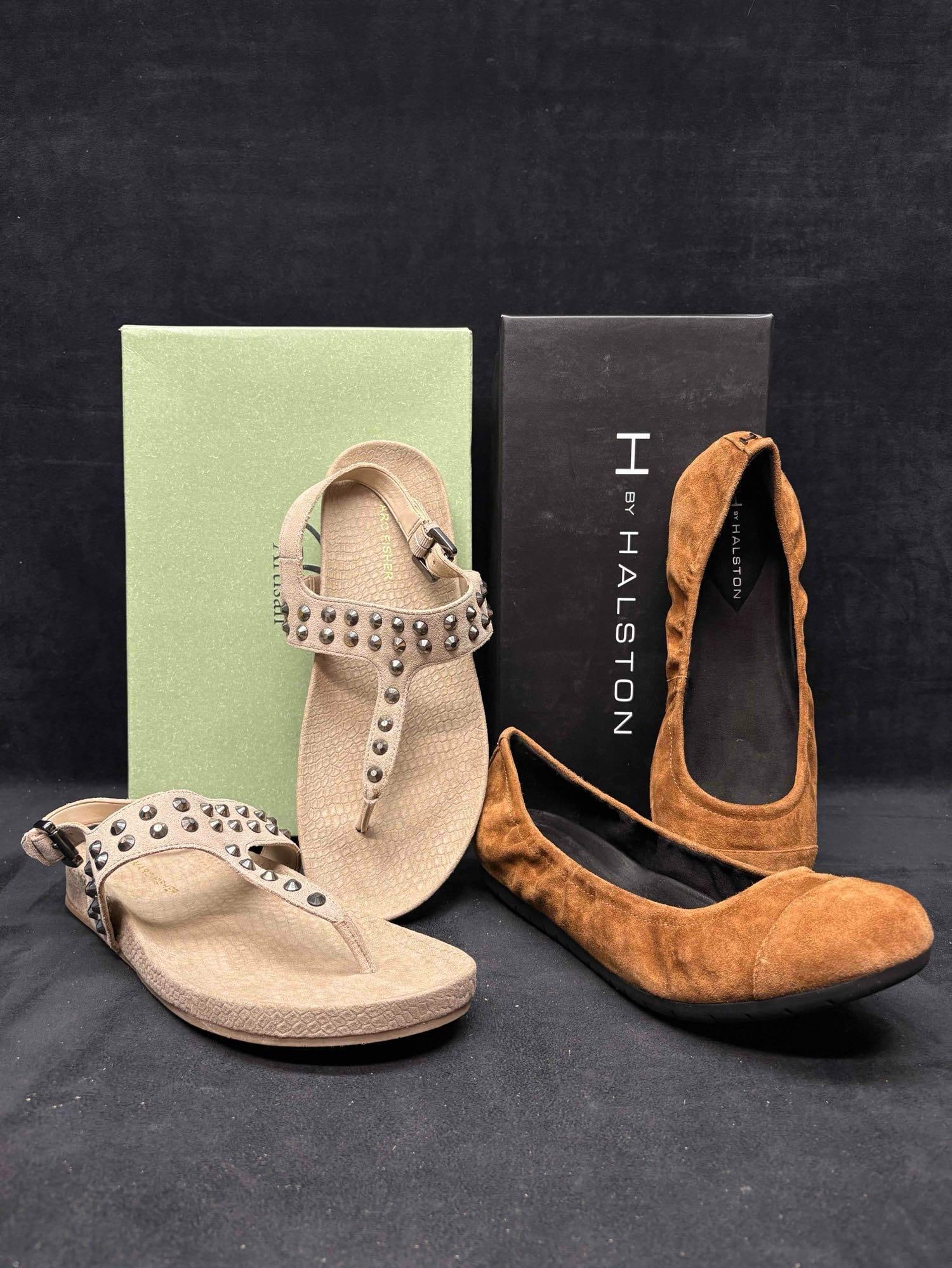 Marc Fisher Tan Studded Sandals and H by Halston Suede Ballet Flats Bundle: Sitting in brand-new to like-new conditions, this bundle consists of orthopedic, comfort-focused Women's shoes. The H by Halston flats are still in their original box, both shoes are in good shape