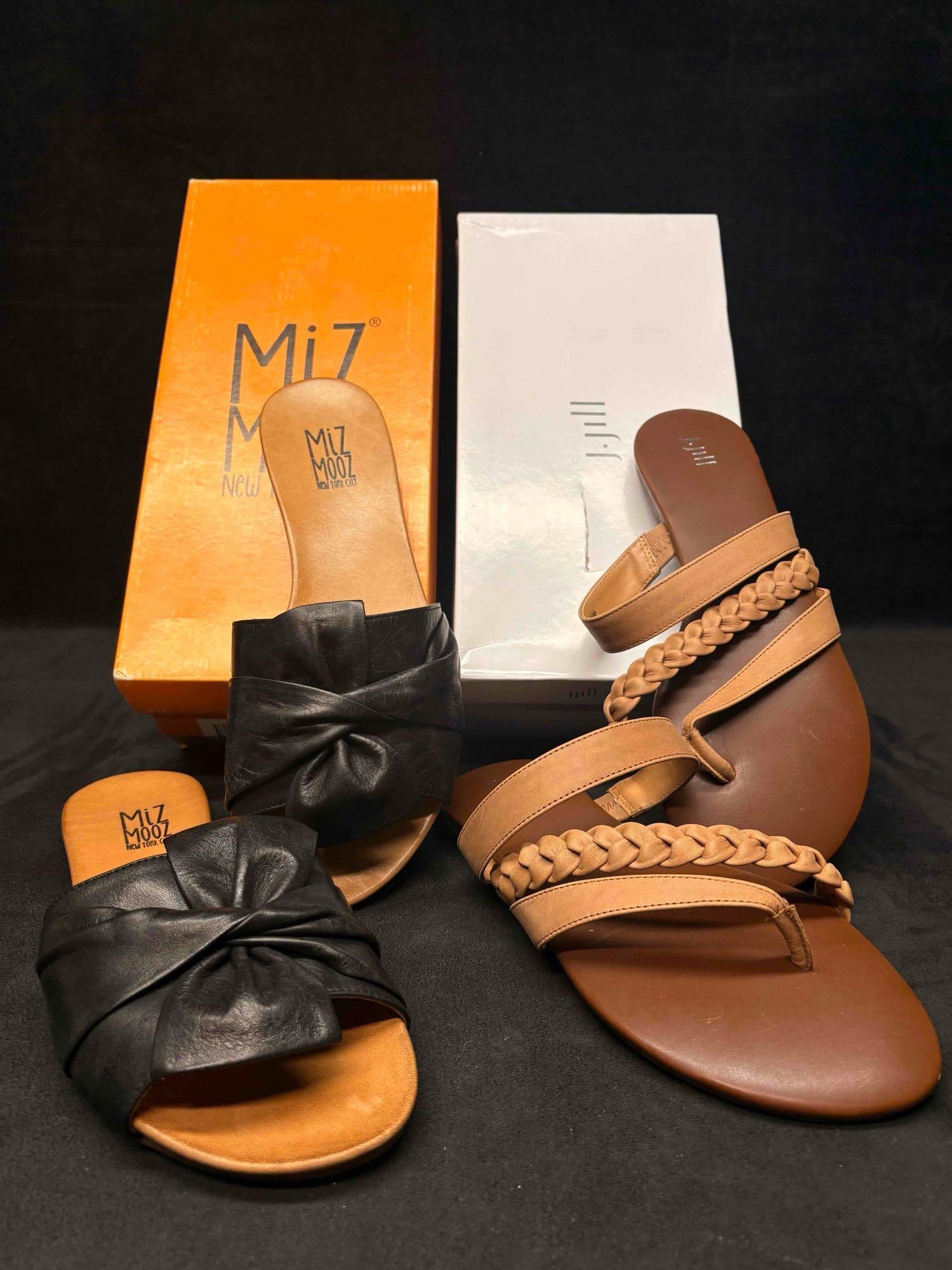 Miz Mooz Leather Slide Sandals and J.Jill Tan Thong Sandals Bundle: Sitting in brand-new to like-new conditions, this bundle consists of orthopedic, comfort-focused Women's shoes. Still in their original boxes, both sandals are in good shape with no visible/notice