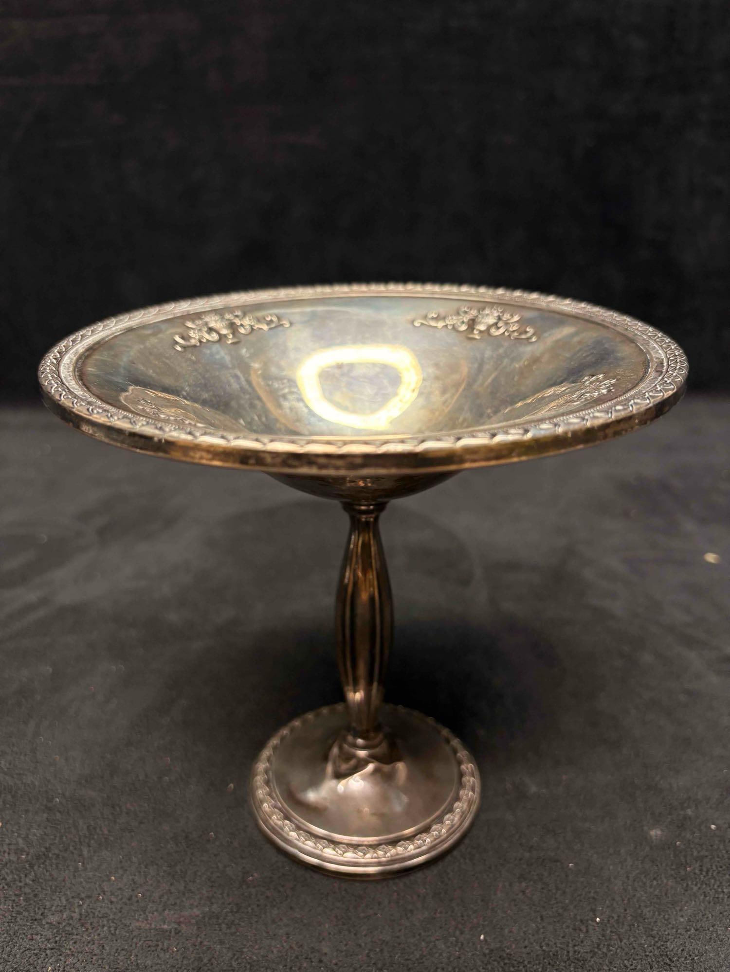 1920 to 1945 Vintage M Fred Hirsch 937 Weighted Silver Footed Dish: The imaged lot possesses a stamp reading "Sterling Weighted 937". Due to age, this compote does exhibit minor flaws consisting of scratches on its finish, and discoloration on the underside of