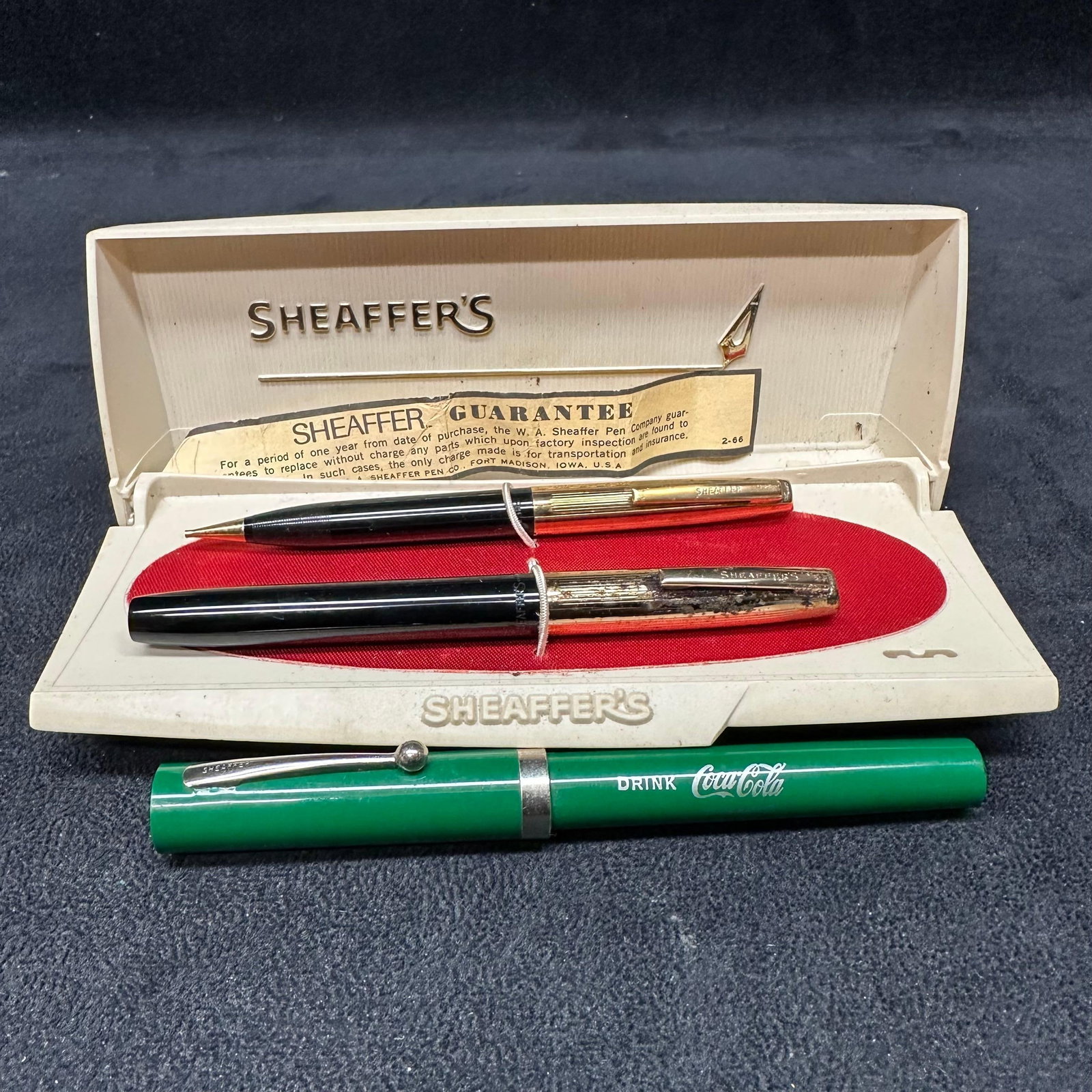 Sheaffer's Pen Collection Set with Coca Cola Branded: Three Sheaffer's pens/writing tools are included in this lot with the box. One is marked with the Coca-Cola brand. These items are in good pre-owned, previously displayed condition with