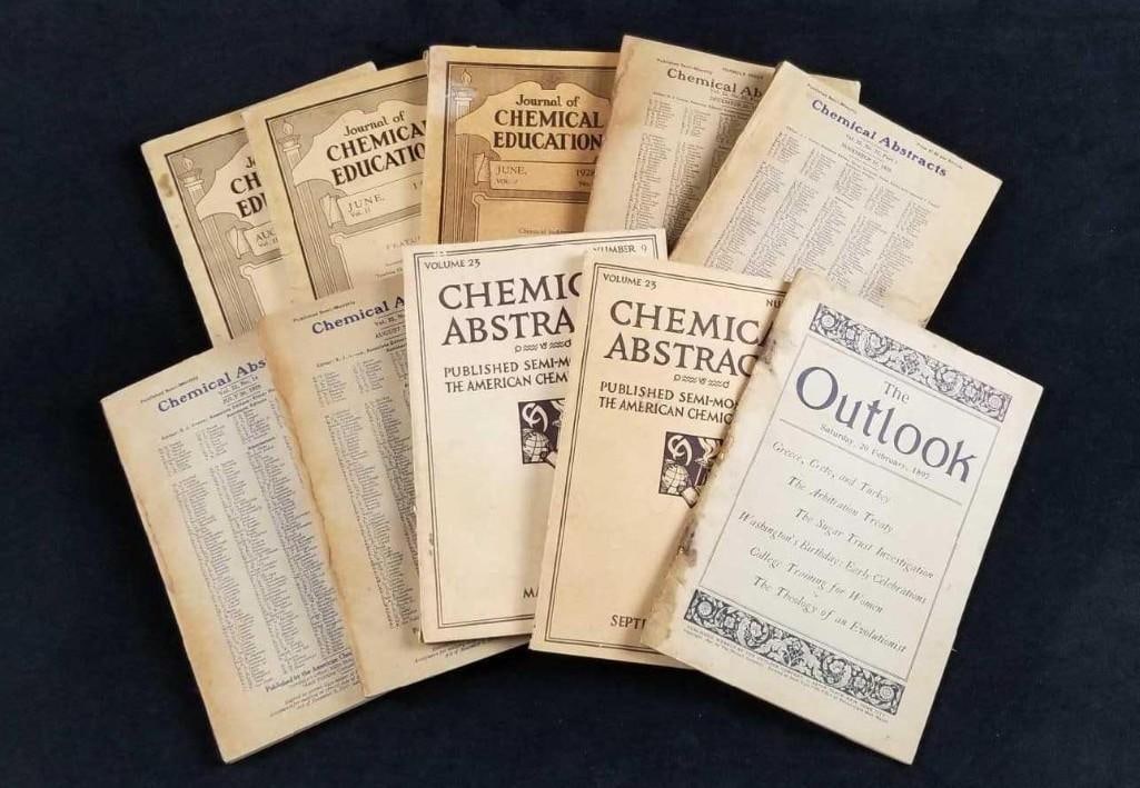 Vintage Chemistry Journals and The Outlook: Vintage Chemistry Journals and The Outlook. Vintage Paperbacks Lot of 10; all books are in protective sleeve and in good vintage condition. Some books have expected discoloration from age with mi