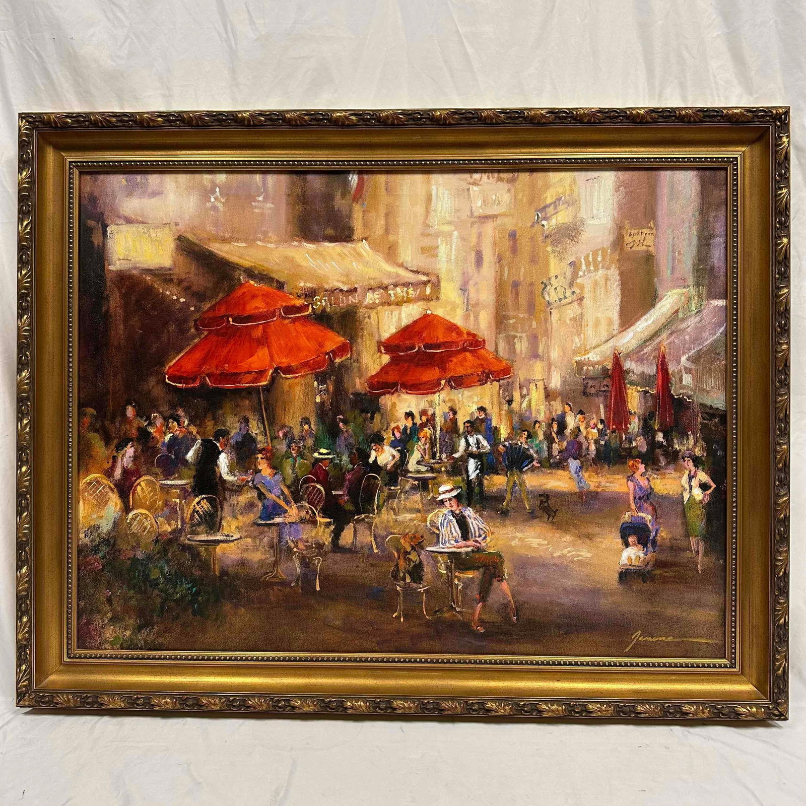 Vieux Carre Signed by Unknown Artist Limited Edition Giclee on Canvas 15/75 French Old Square: Vibrant limited-edition giclee on canvas titled Vieux Carre, hand-signed by unknown artist in the lower right. This lively scene captures the charm of a bustling outdoor cafe with figures, musici