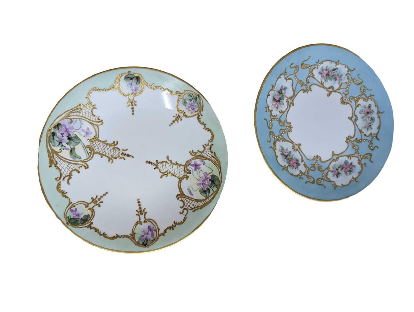 JPL Limoges France Vintage Hand Painted 9" Plates: JPL Limoges France Vintage Hand Painted 9" Plates . Each is approx 9" x 9" x 1" and together, both plates weigh 2lbs. The plates are in good, vintage condition with some wear on the gold trim an