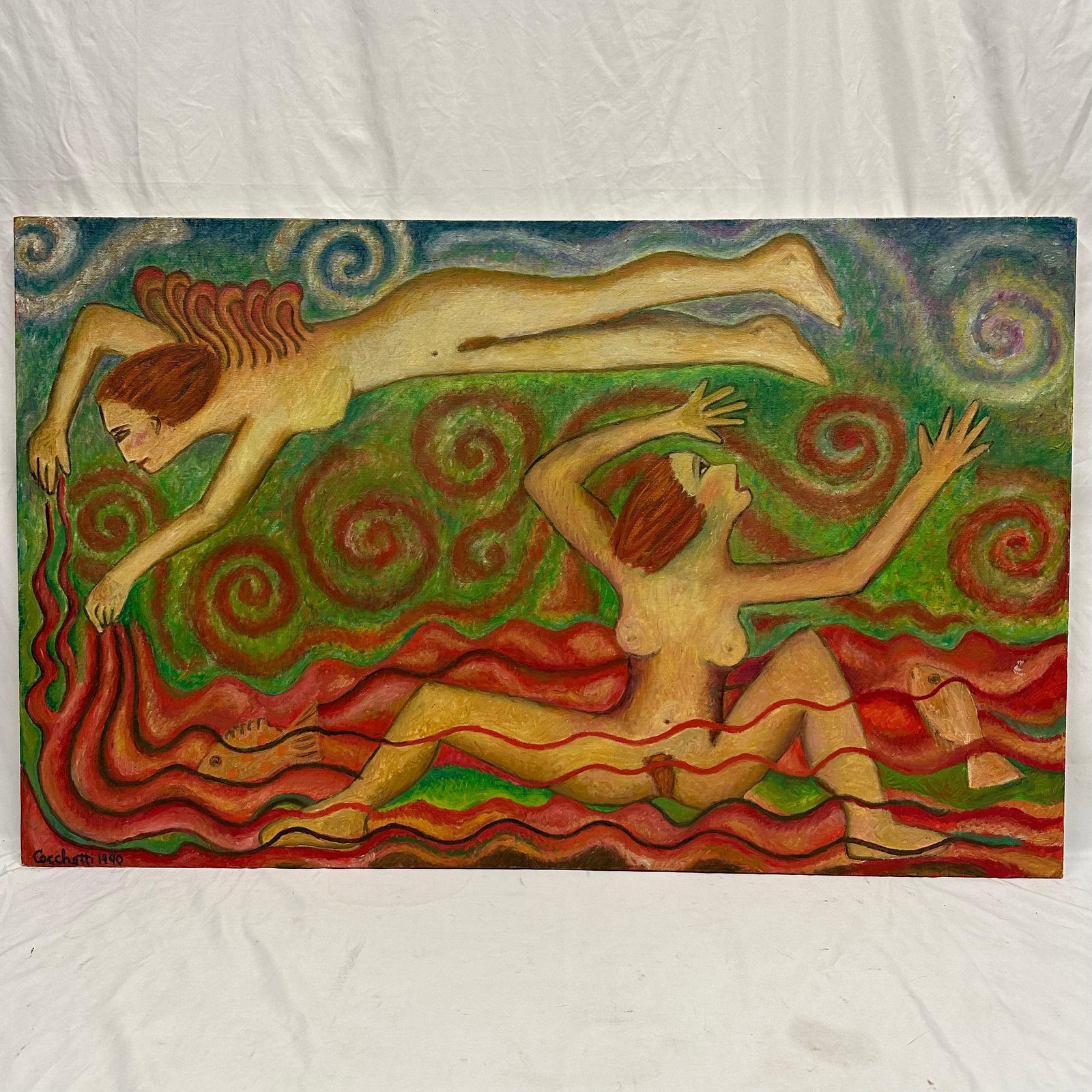 Signed Cecchetti 1990 Figural Nude Woman Abstract Painting: Original hand-painted figural abstract composition on stretched canvas depicting two nude figures amid swirling, organic forms and vivid color fields. Executed in a bold, expressive style with st