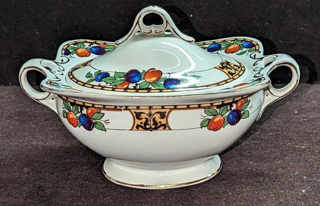 Maddock Sugar Bowl Autumn Fruit Lidded Dish: Maddock Sugar Bowl Autumn Fruit Lidded Dish. Made of china. This is approximately 7" x 4" x 4 1/2" and it weighs 0.78lb. The lidded dish has some crazing and markings.