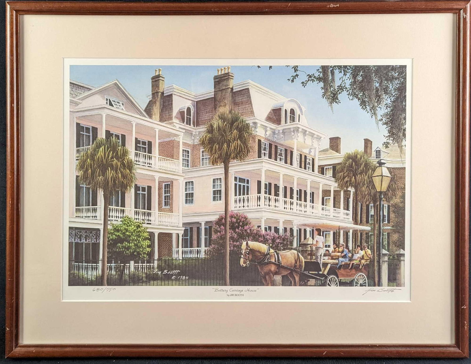 Sold Out Jim Booth LE Battery Carriage House Print: Limited edition Jim Booth "Battery Carriage House" lithograph print. This one is #680 out of #750. The framed print is approx 25" x 1" x 19 1/2" and it weighs 5.5lbs. The print/ima
