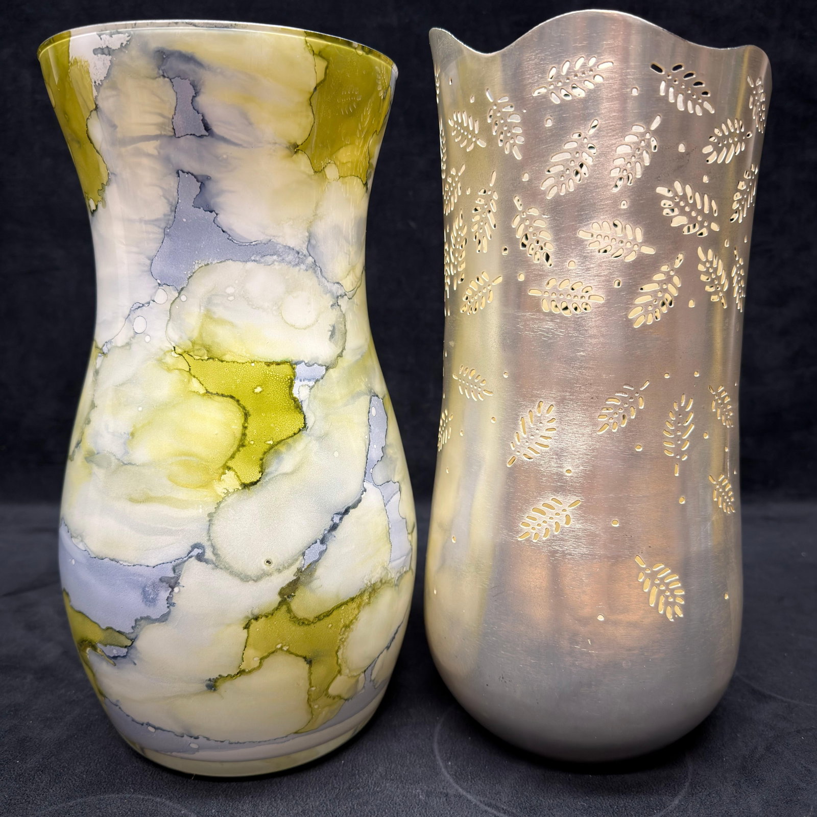 Contemporary Art Glass Floor Vase and Pierced Metallic Decorative Vase Set (1 of 4)